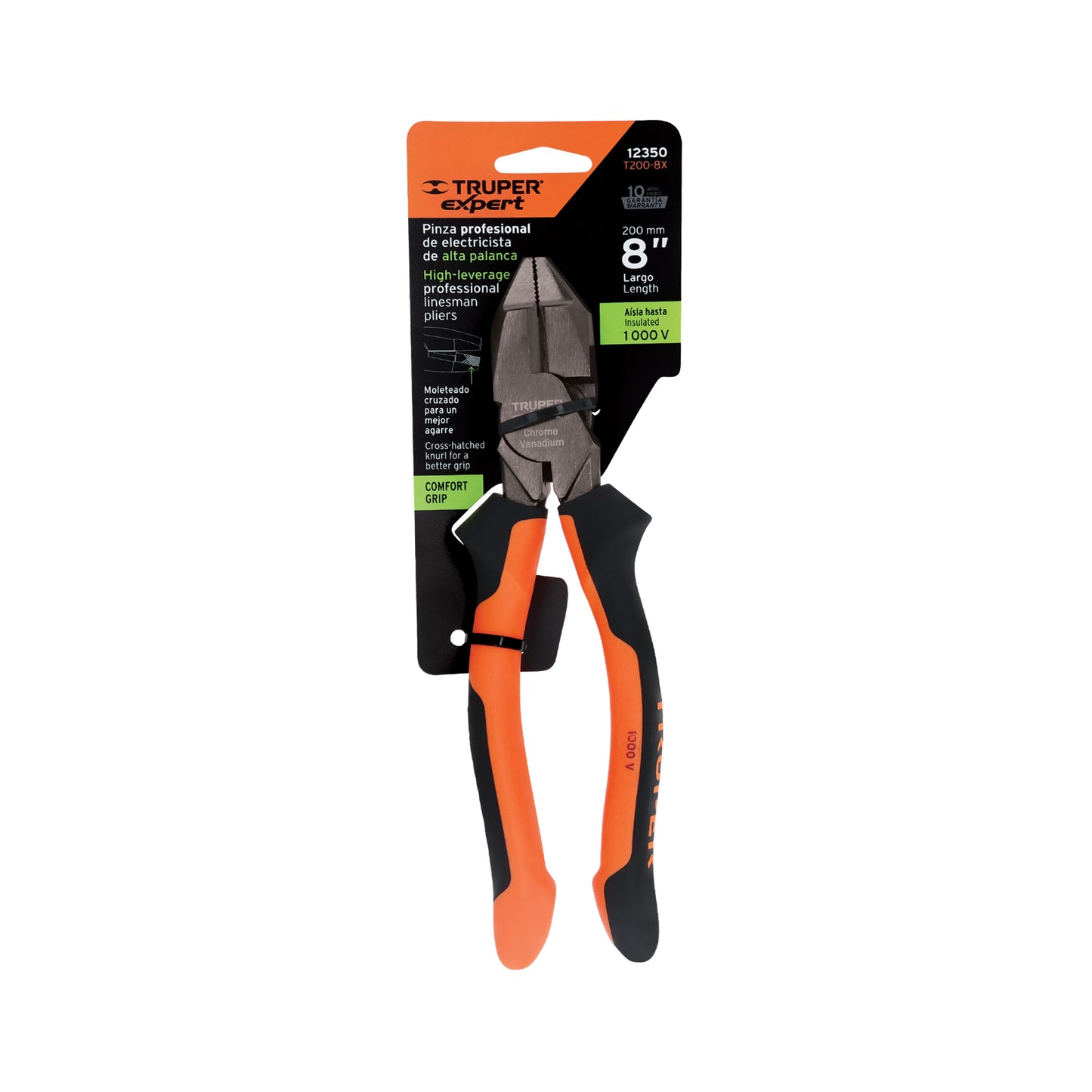 Pinza electricista 8" Truper Expert Cod 12350 T200-8X uso rudo alta palanca Comfort Grip