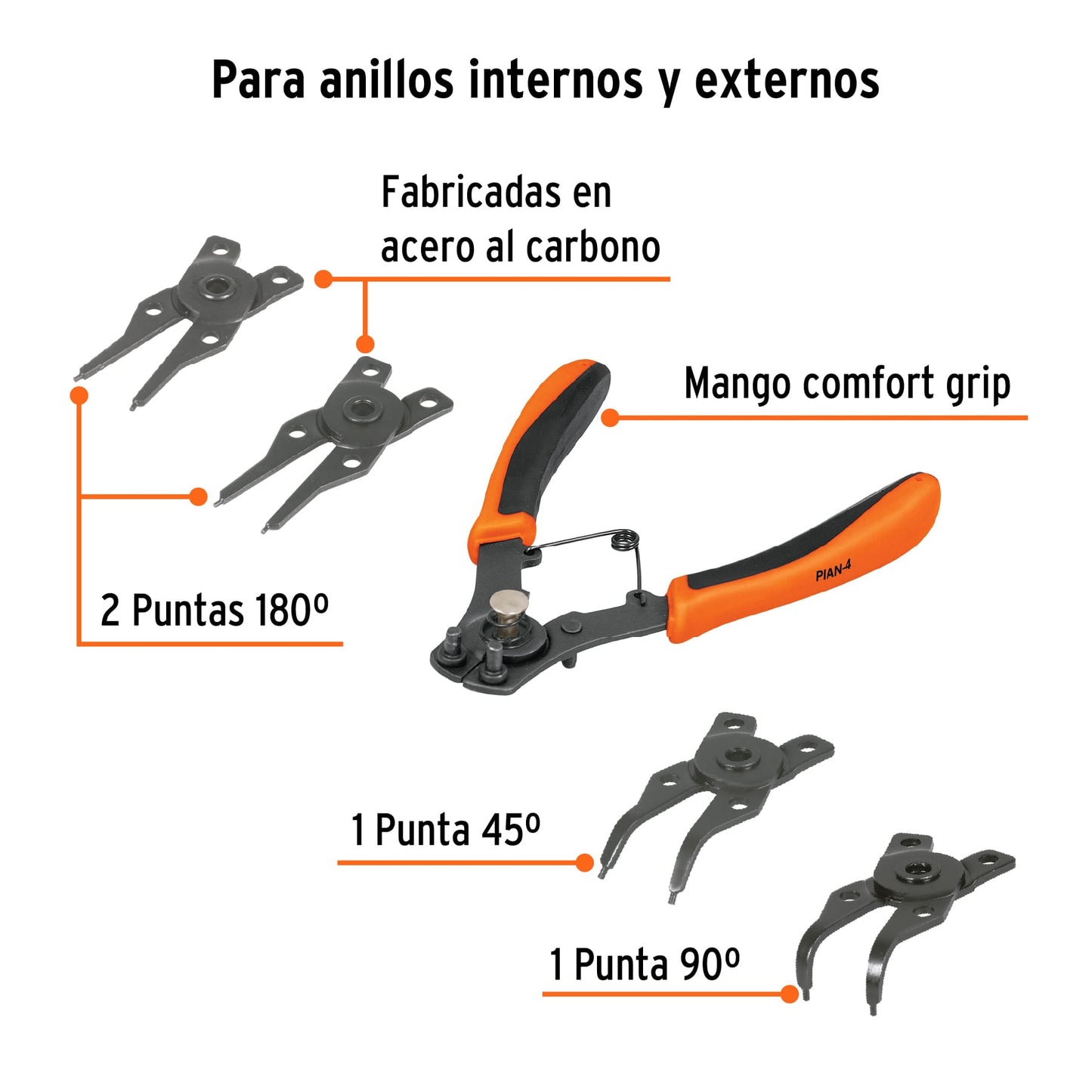 Pinza para anillos de retención 6" Truper Cod 17355 PIAN-4 4 cabezas intercambiables