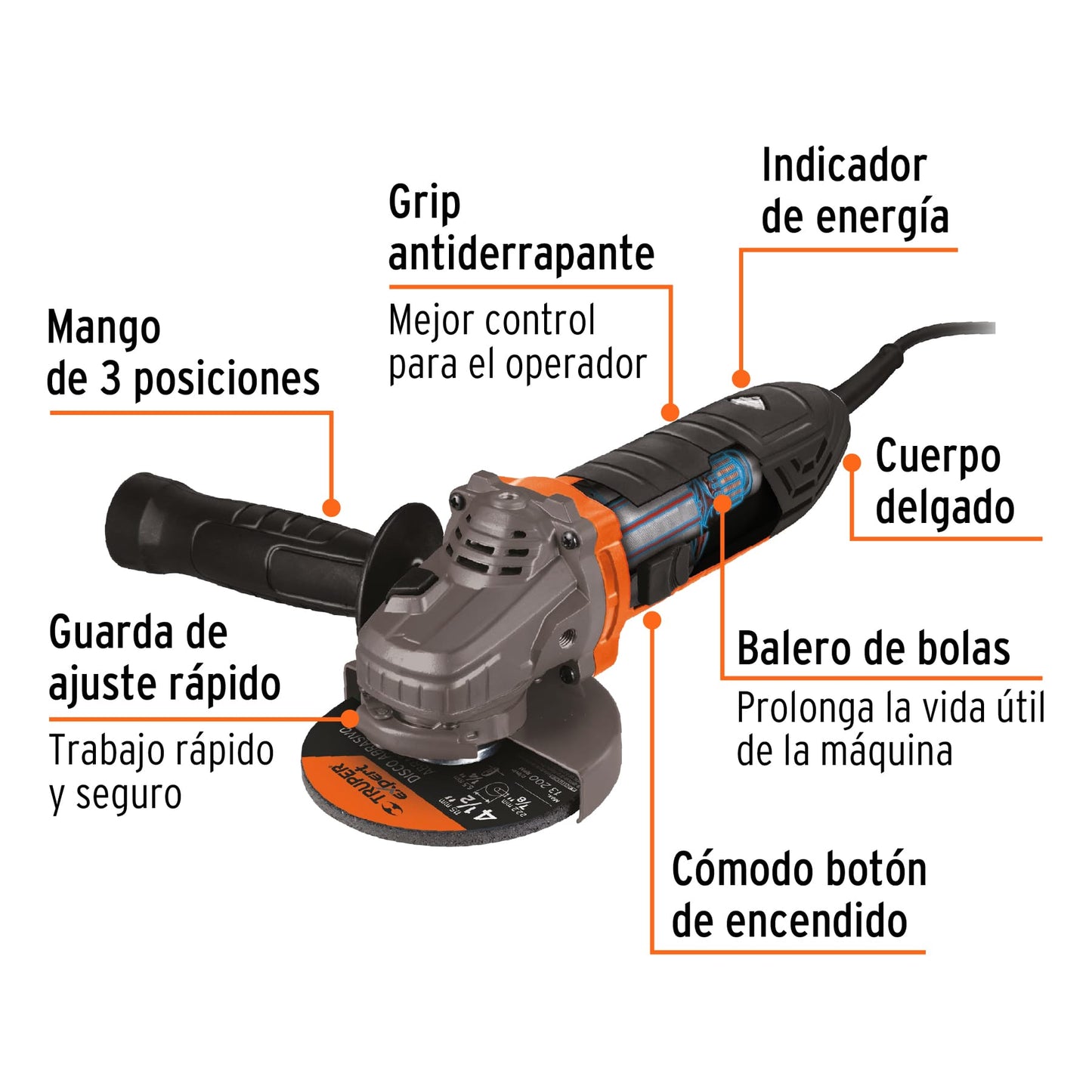 Esmeriladora 4-1/2" Truper Cod 100735 ERGO-4580-2 ERGO PRO 800 W 220 V