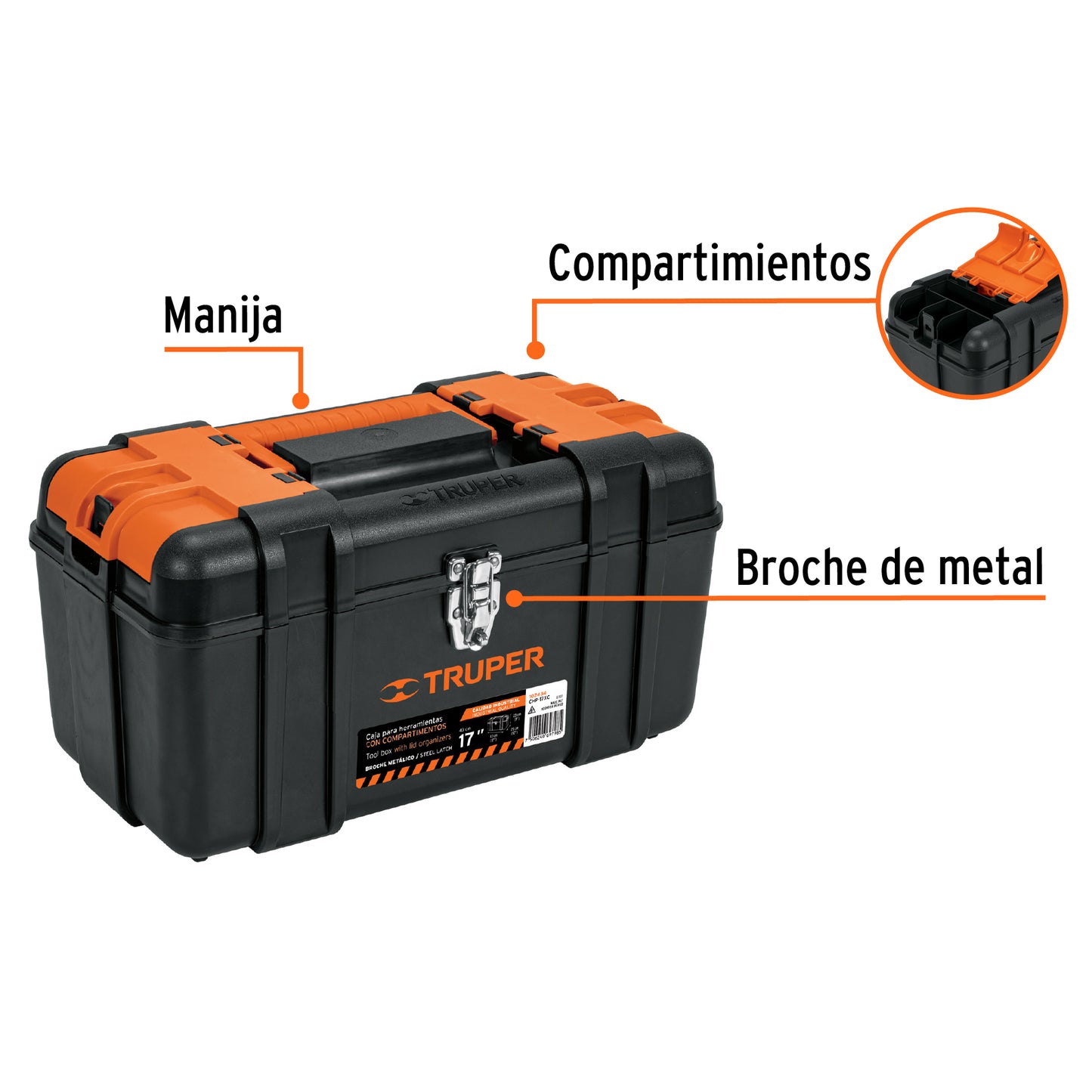 Caja de herramientas Truper Cod 102434 CHP-17XC, de 17" con compartimientos, broches metálicos