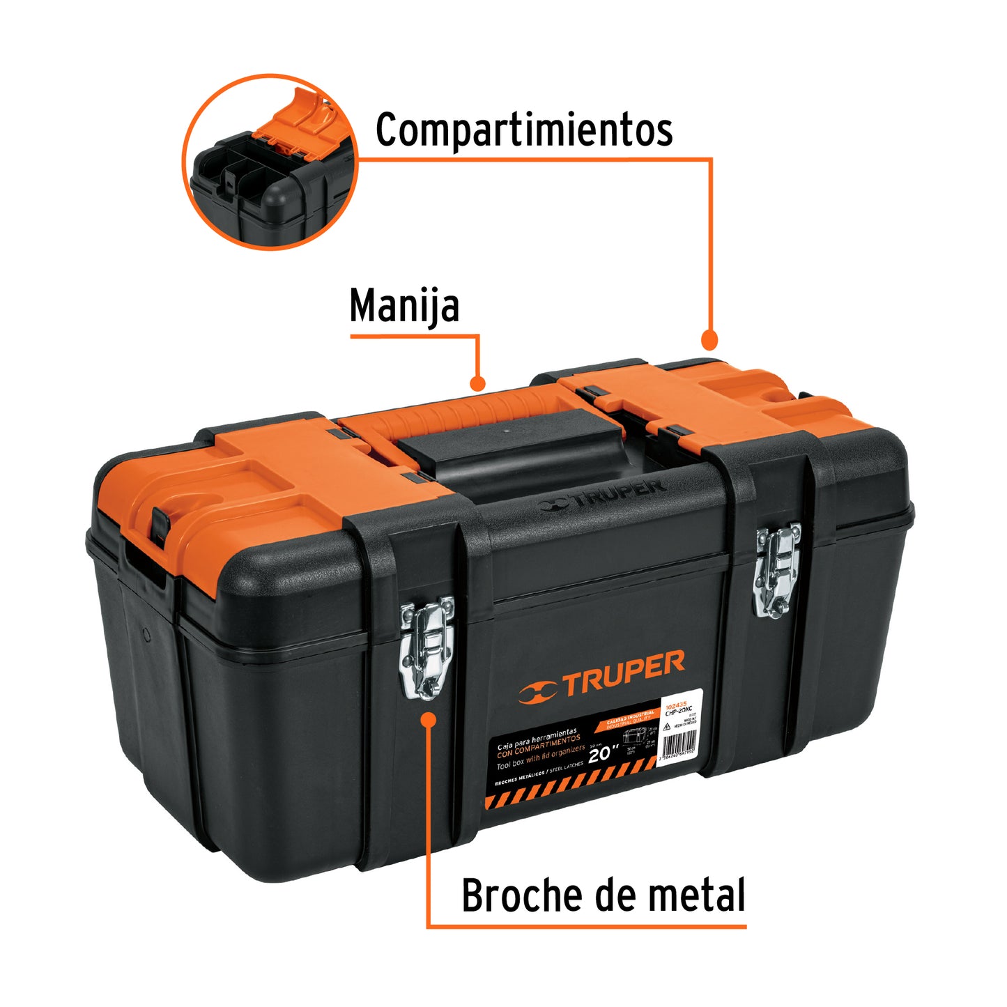 Caja de herramientas Truper Cod 102435 CHP-20XC, de 20" con compartimientos, broches metálicos