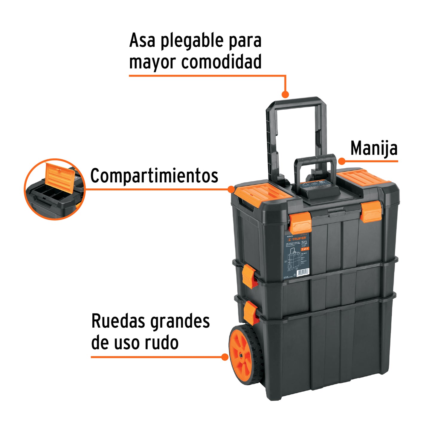 Caja de herramientas Truper Cod 102644 CHP-1925R de 19"x25", 3 en 1 desmontable con ruedas