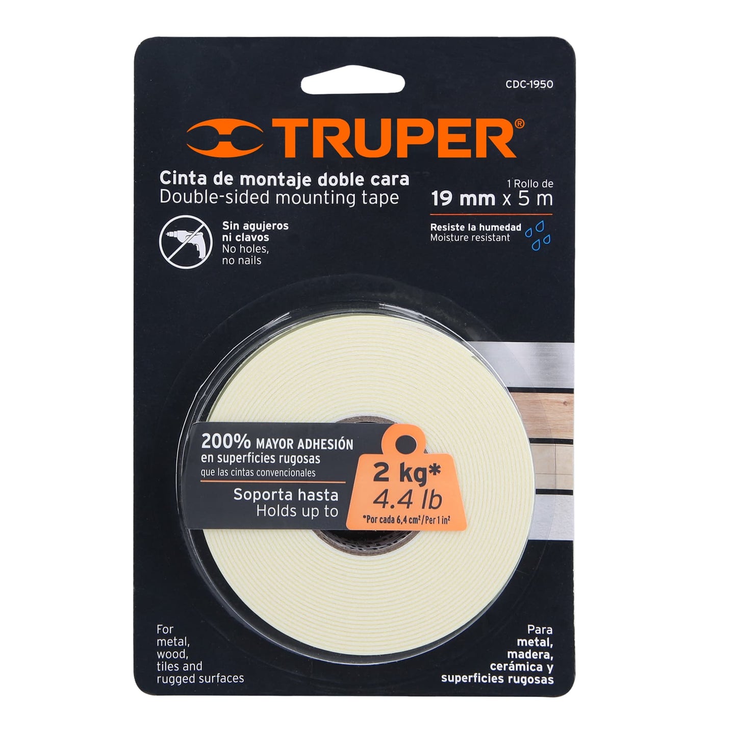 Cinta doble cara Truper Cod 11725 CDC-1950 de 19 mm x 5 m