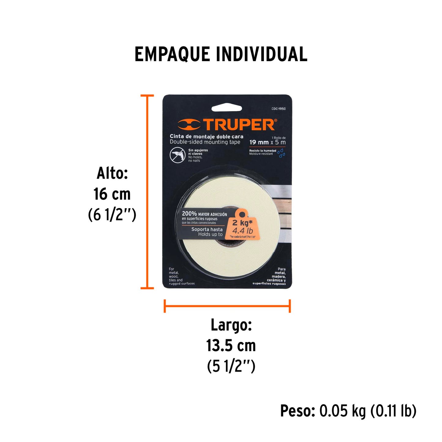 Cinta doble cara Truper Cod 11725 CDC-1950 de 19 mm x 5 m