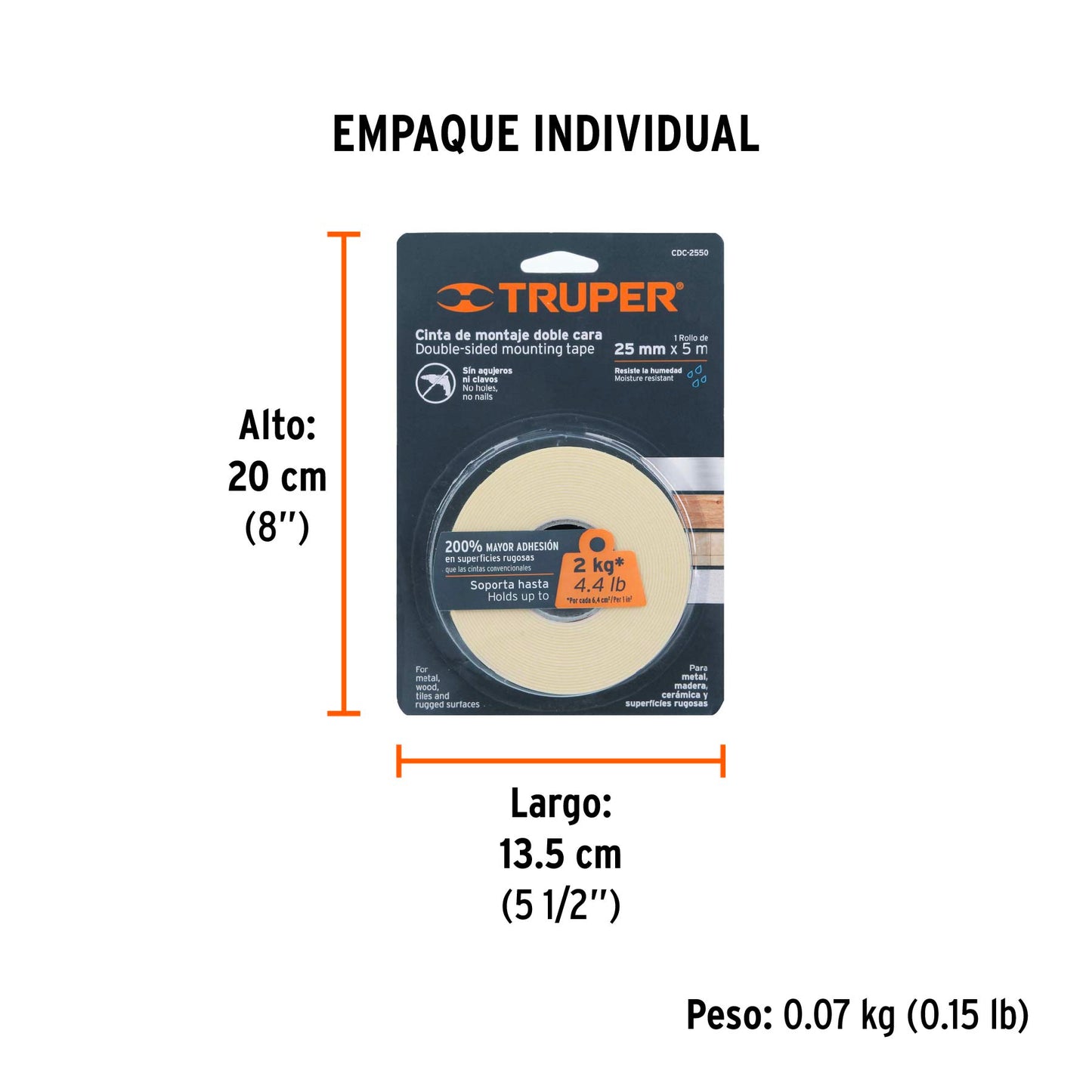 Cinta doble cara Truper Cod 11727 CDC-2550 de 25 mm x 5 m