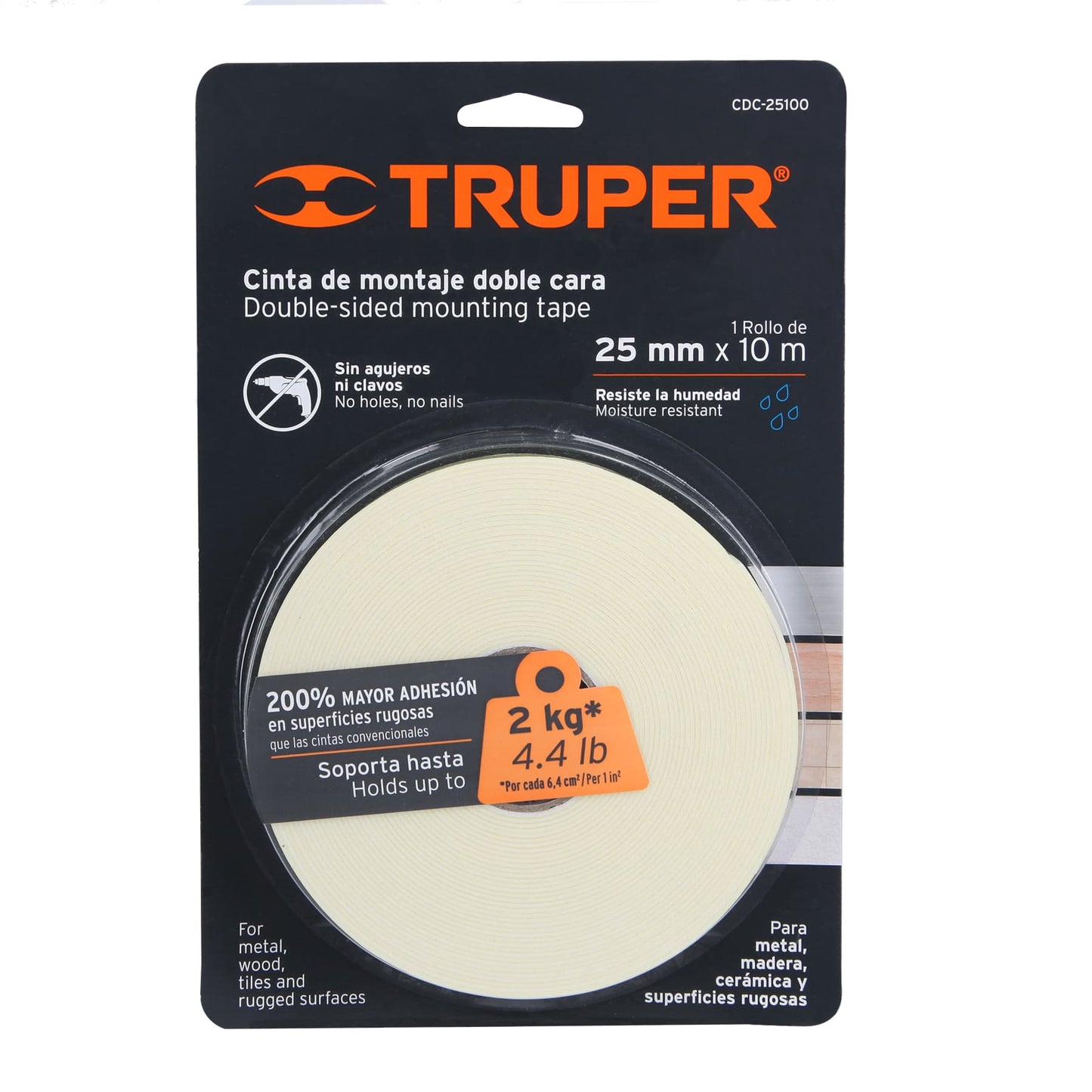 Cinta doble cara Truper Cod 11728 CDC-25100 de 25 mm x 10 m