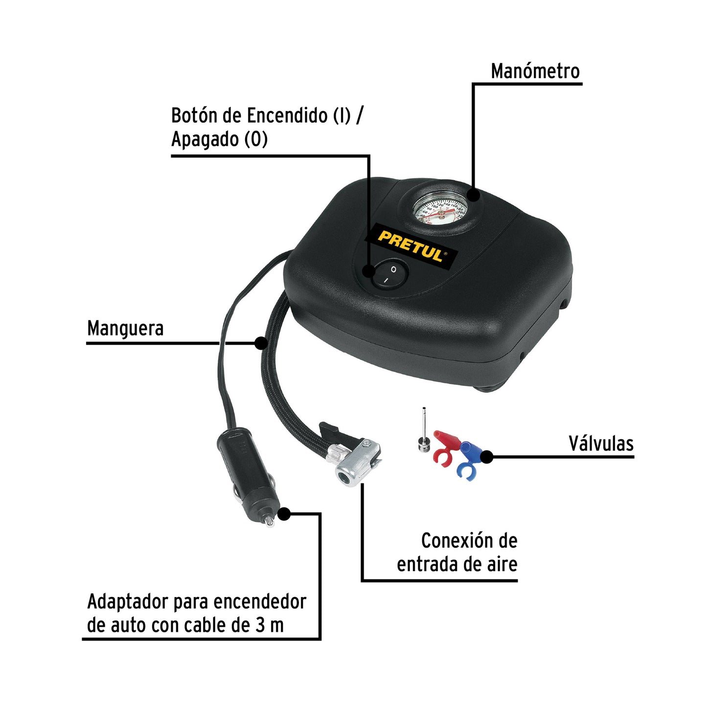Inflador portátil Pretul Cod 21689 COMP-12P para auto 12V