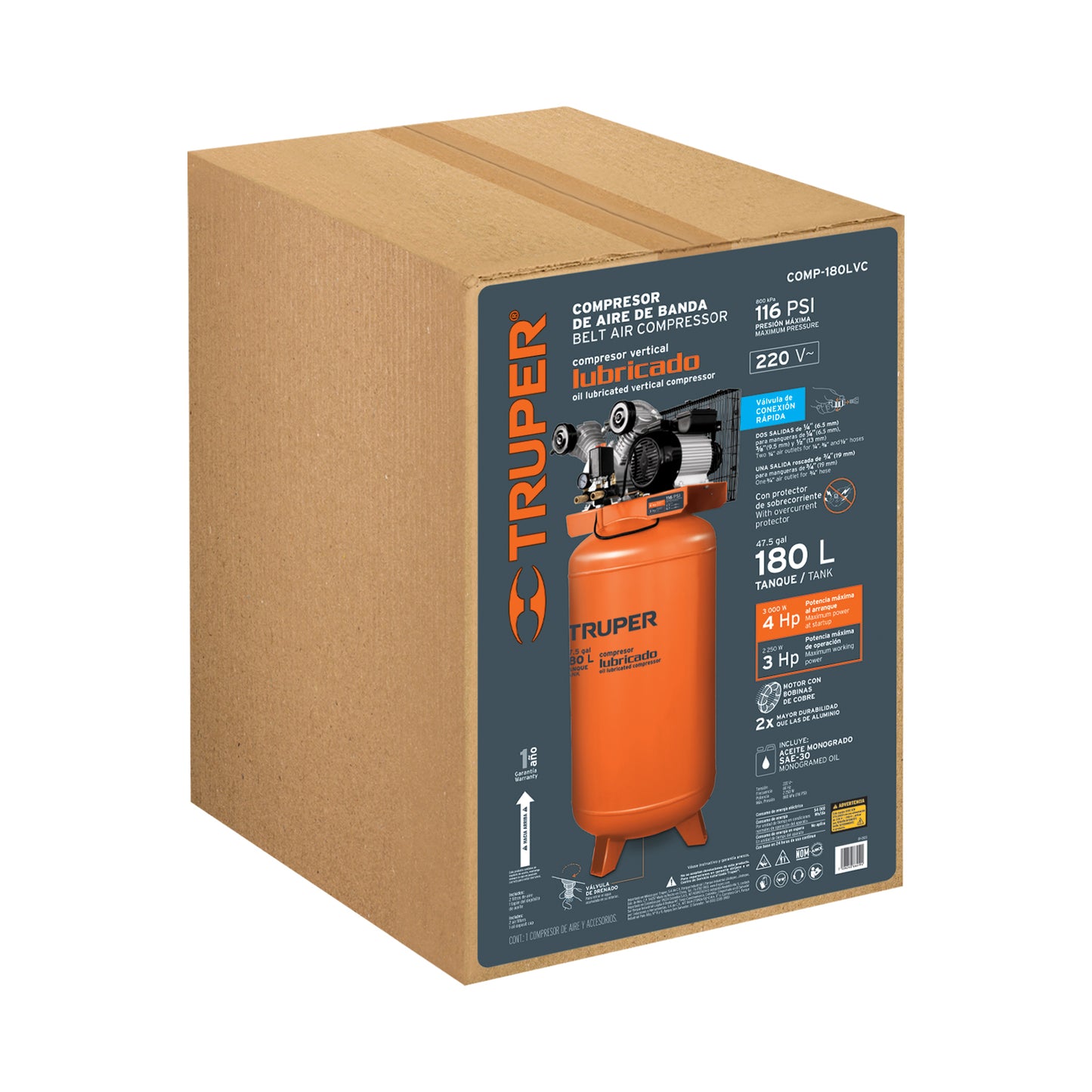 Compresor de aire vertical 180 L truper Cod 103304 COMP-180LVC 4 HP 220 V clavija europea