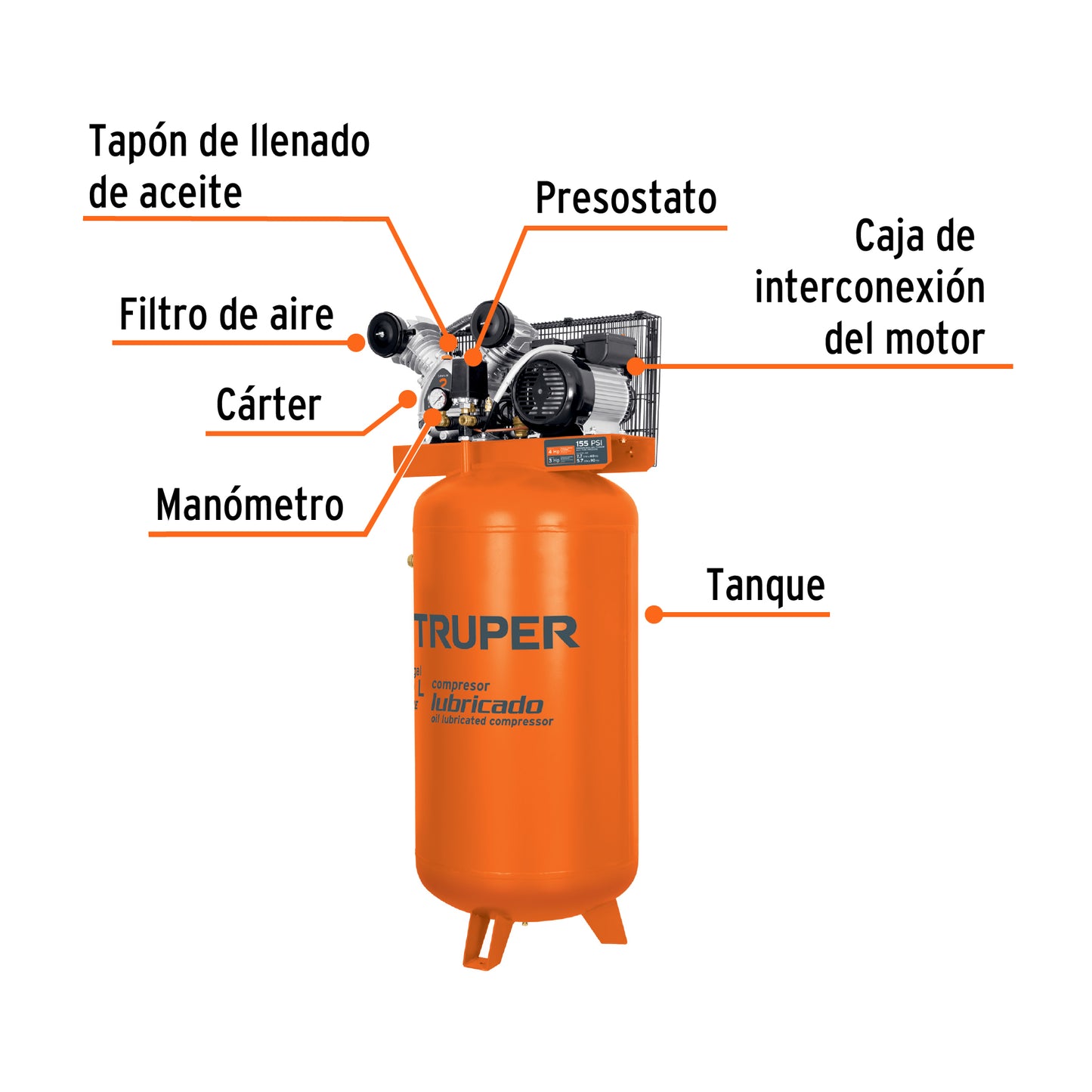 Compresor de aire vertical 180 L truper Cod 103304 COMP-180LVC 4 HP 220 V clavija europea