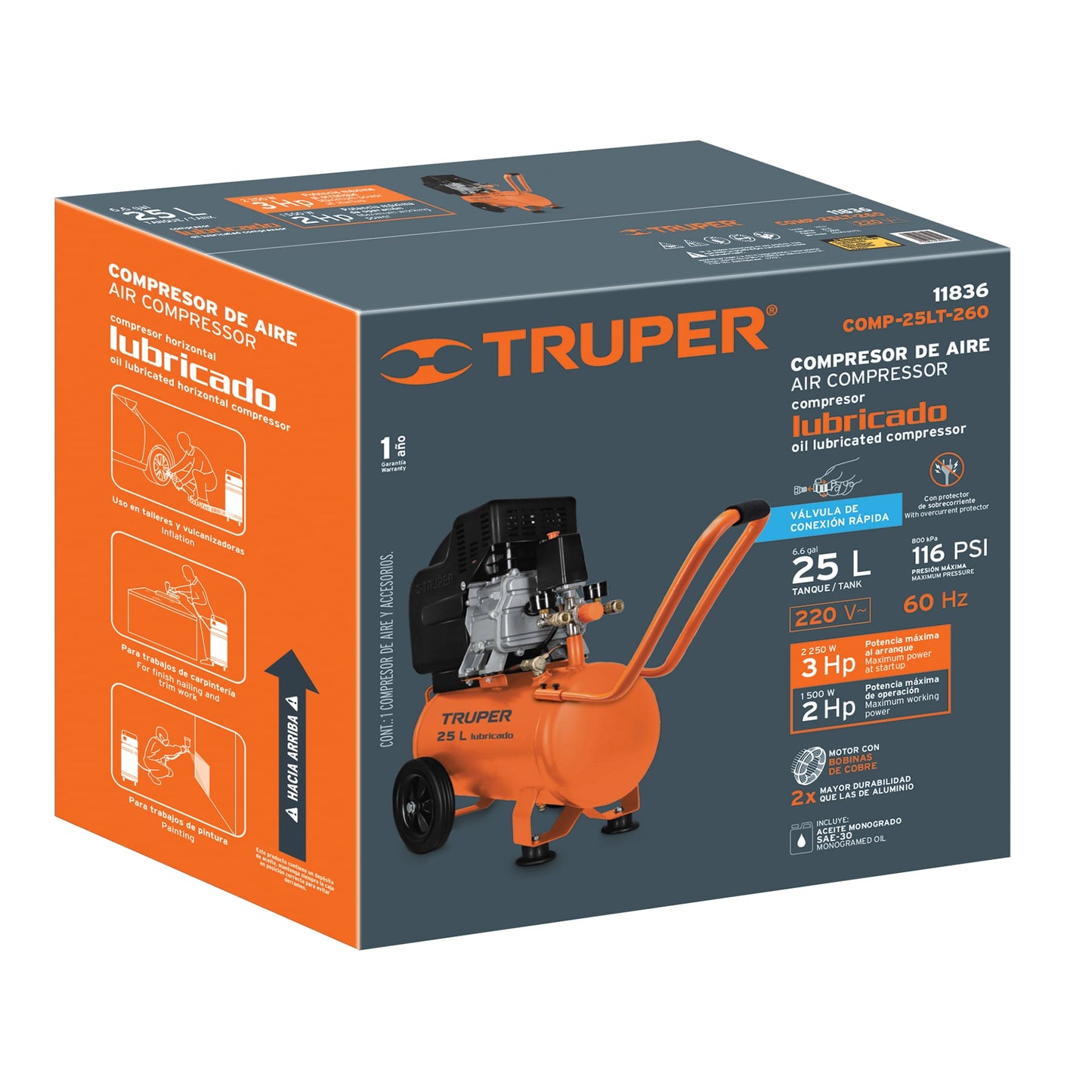 Compresor lubricado de aire truper Cod 11836 COMP-25LT-260 25 L 220 V/60 Hz