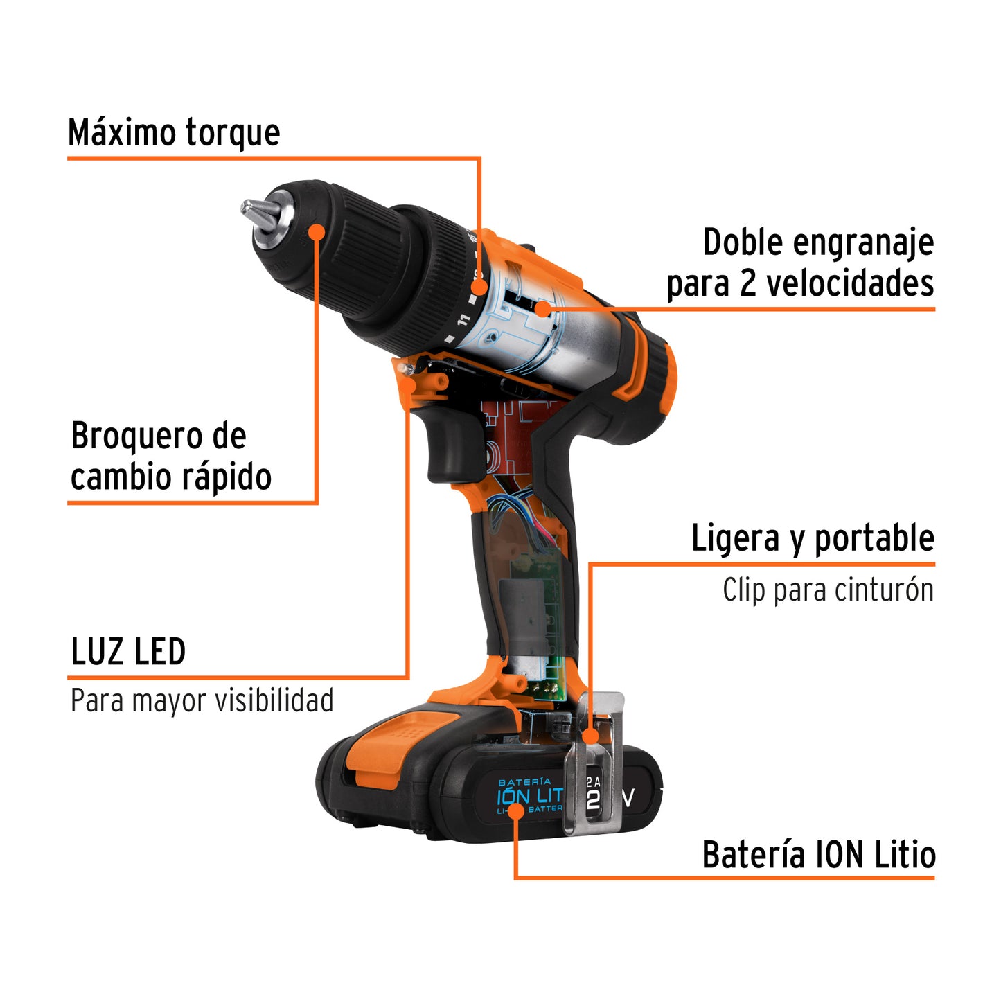 Taladro Inalámbrico 20 V Truper Cod 11011 TALI-20A-2 batería ión Litio 1/2 220V