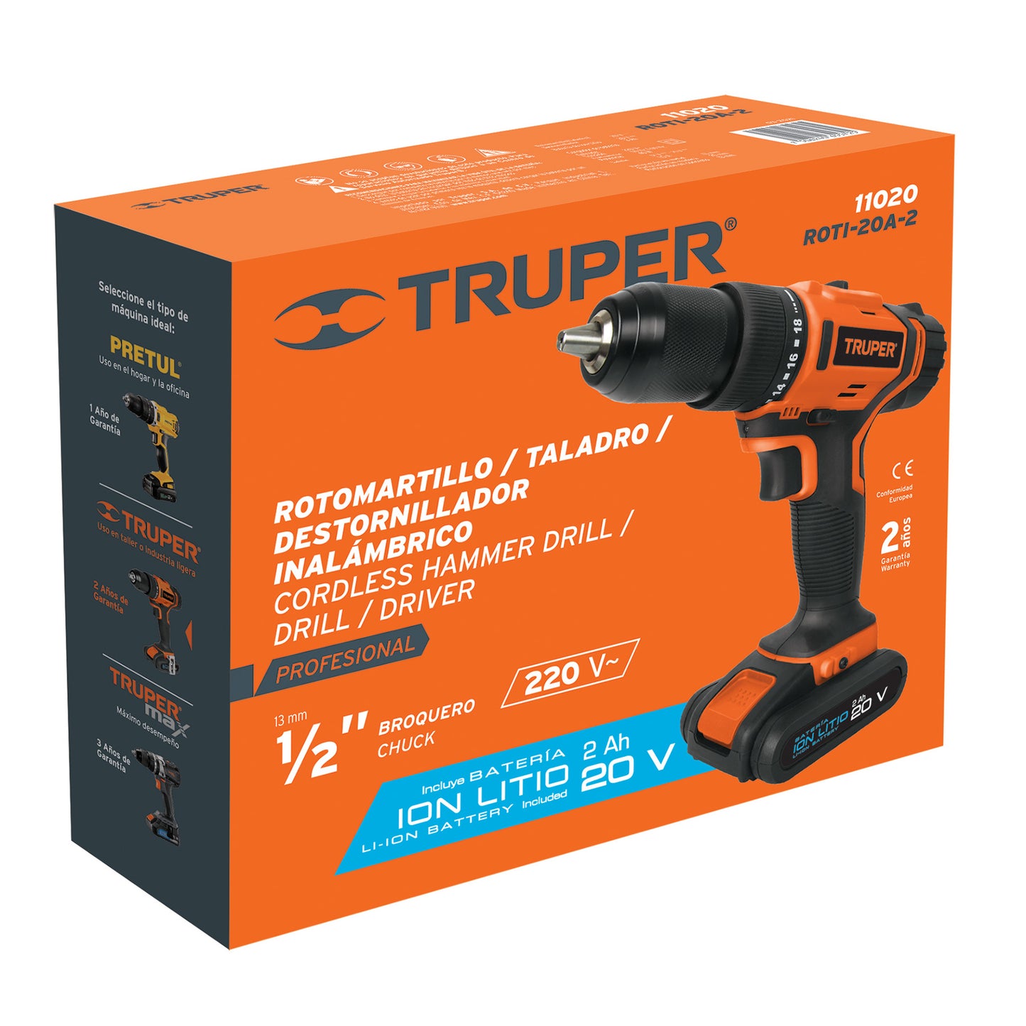 Taladro Inalámbrico 20 V Truper Cod 11020 ROTI-20A-2 batería ión Litio 1/2 220V