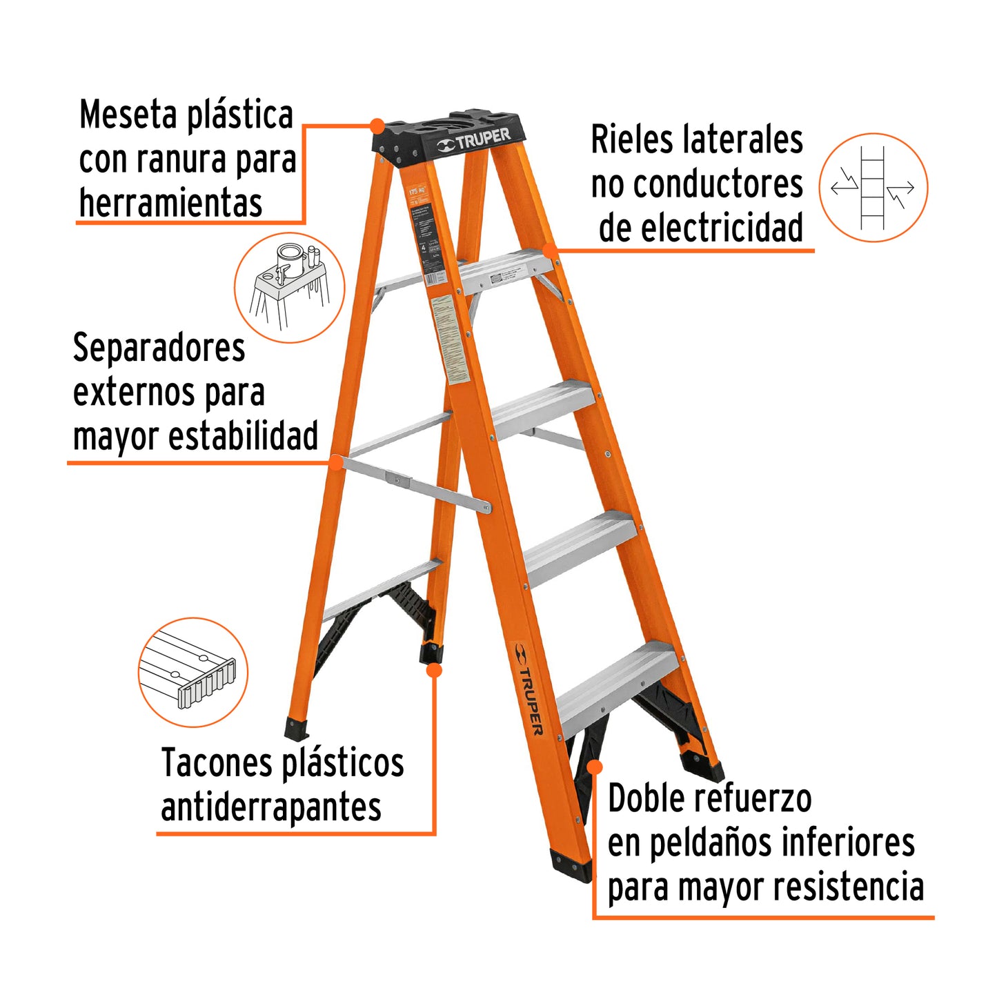 Escalera de Tijera Truper Cod 100224 EST-24FV tipo II 4 peldaños Fibra de Vidrio