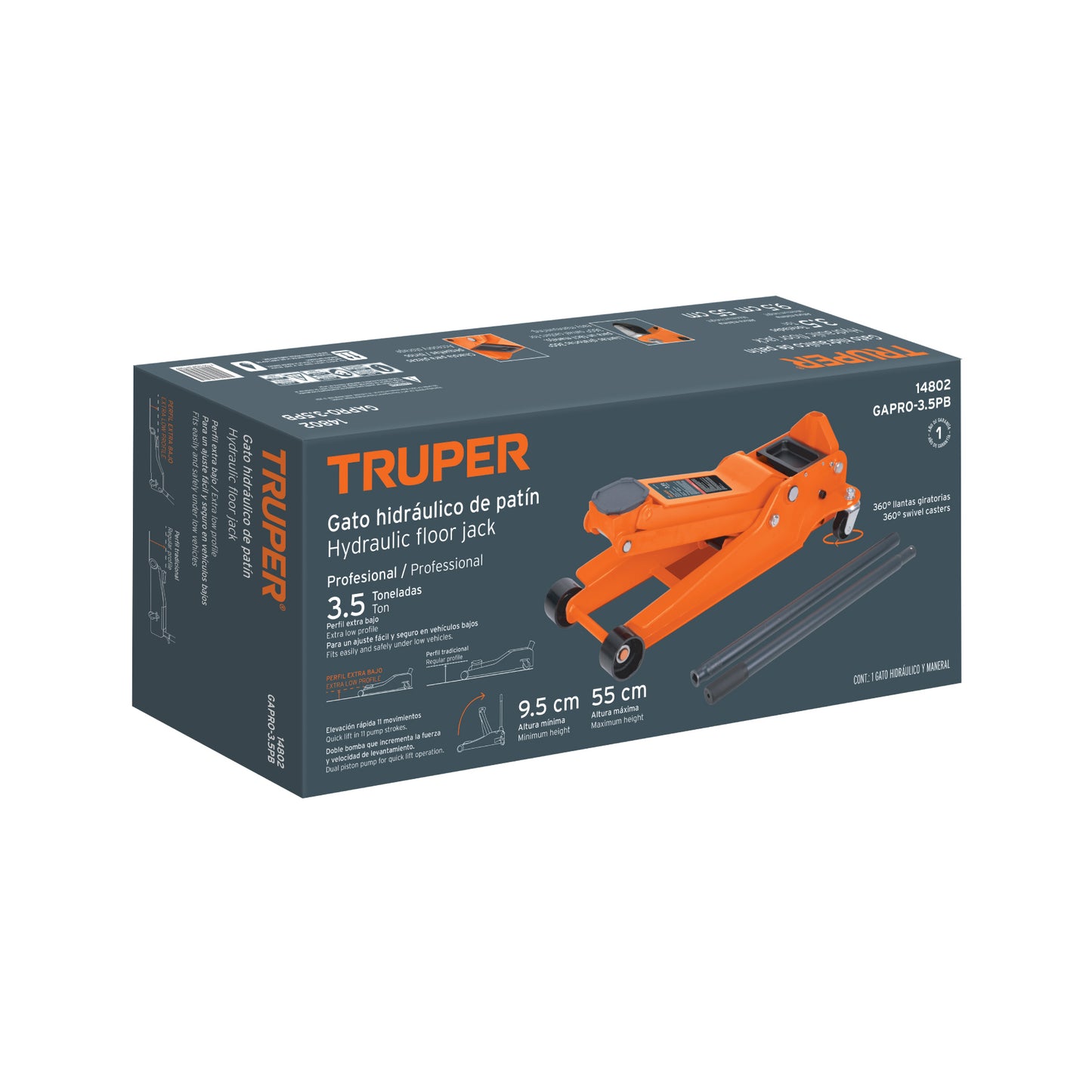 Gato Hidráulico Truper Cod 14802 GAPRO-3.5PB de patín 3.5t profesional, elev rápida