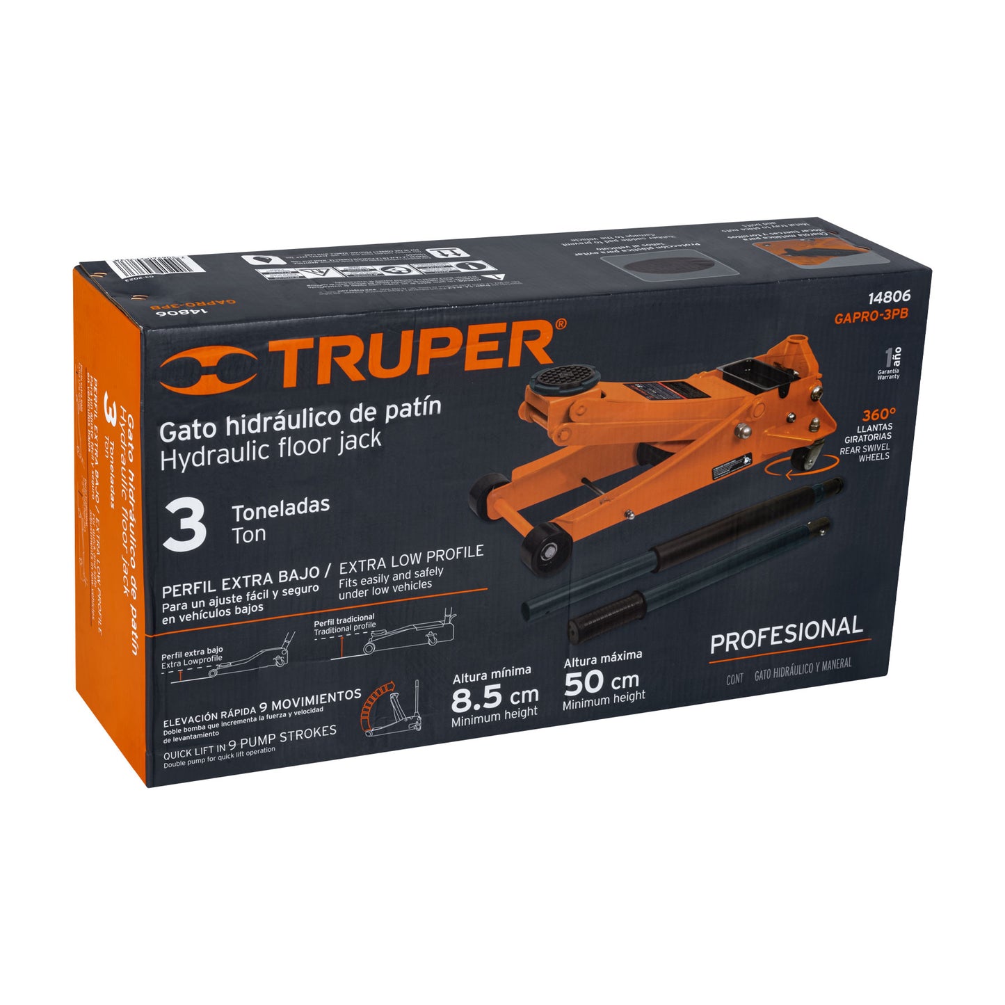 Gato Hidráulico Truper Cod 14806 GAPRO-3PB de patín 3t profesional, elev rápida