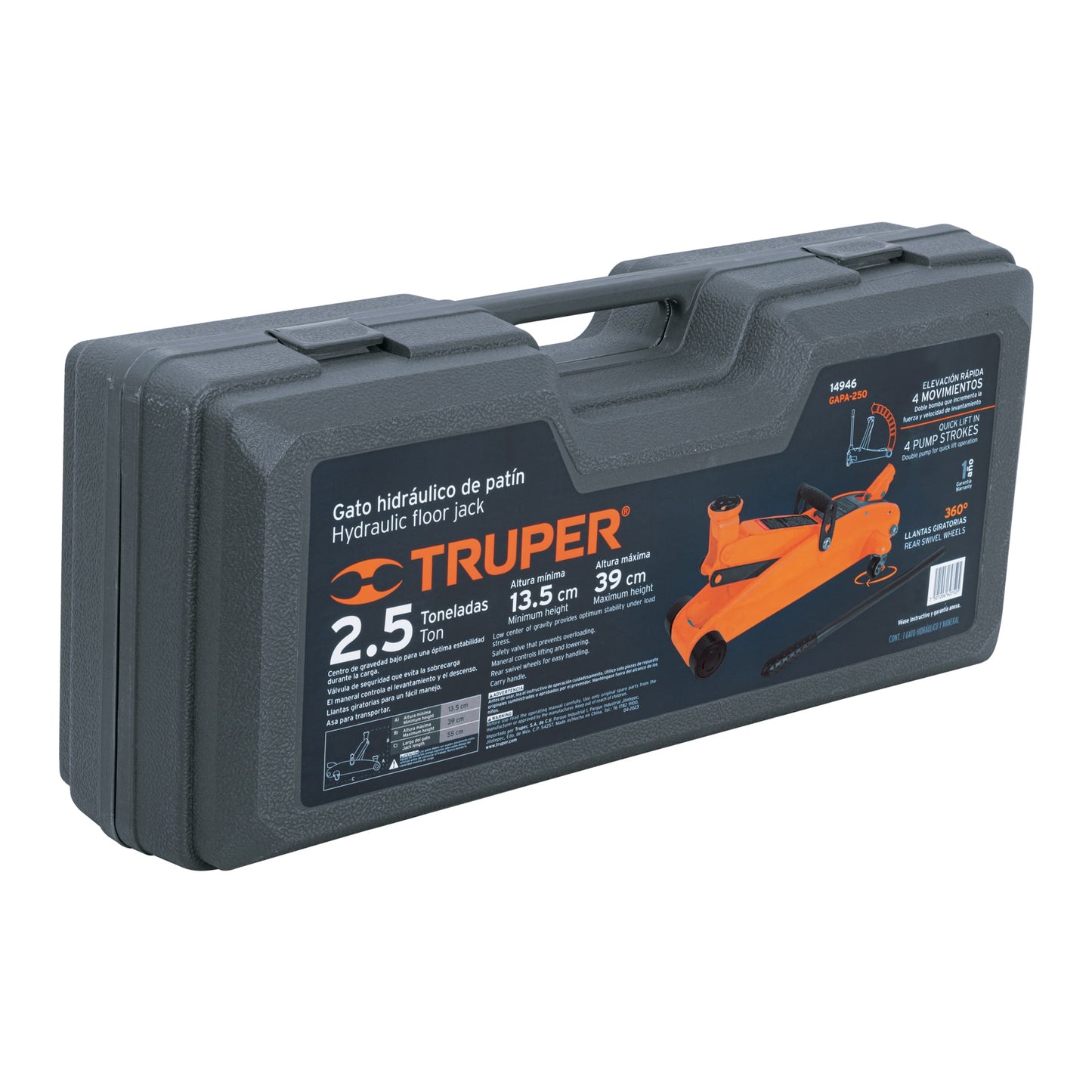 Gato Hidráulico patin Truper Cod 14946 GAPA-250 2.5t 57 movimientos maletín