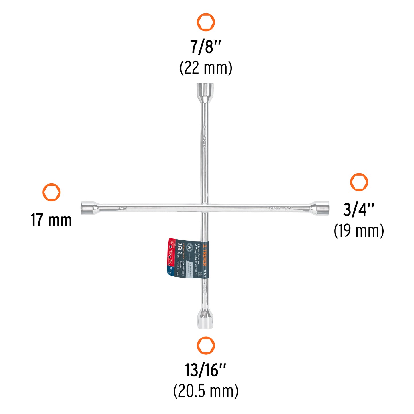 Llave de cruz 18 truper Cod 15480 LLCR-18 pulida y cromada