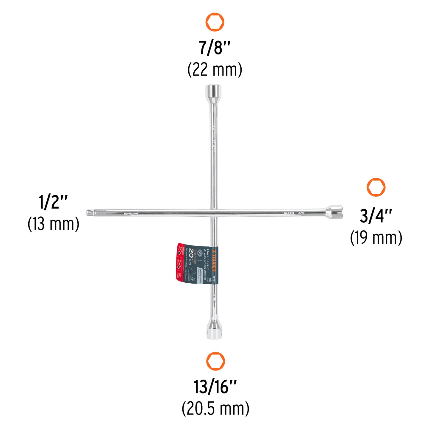 Llave de cruz 20 truper Cod 18024 LLCR-20D pulida y cromada con entrada cuadro 1/2