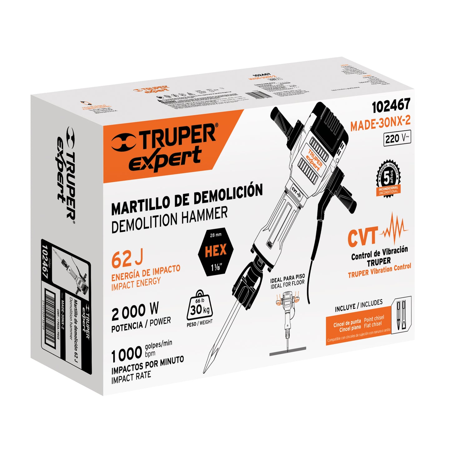 Martillo demoledor HEX 30kg Truper Expert Cod 102467 MADE-30NX-2 62J 2000W 220V