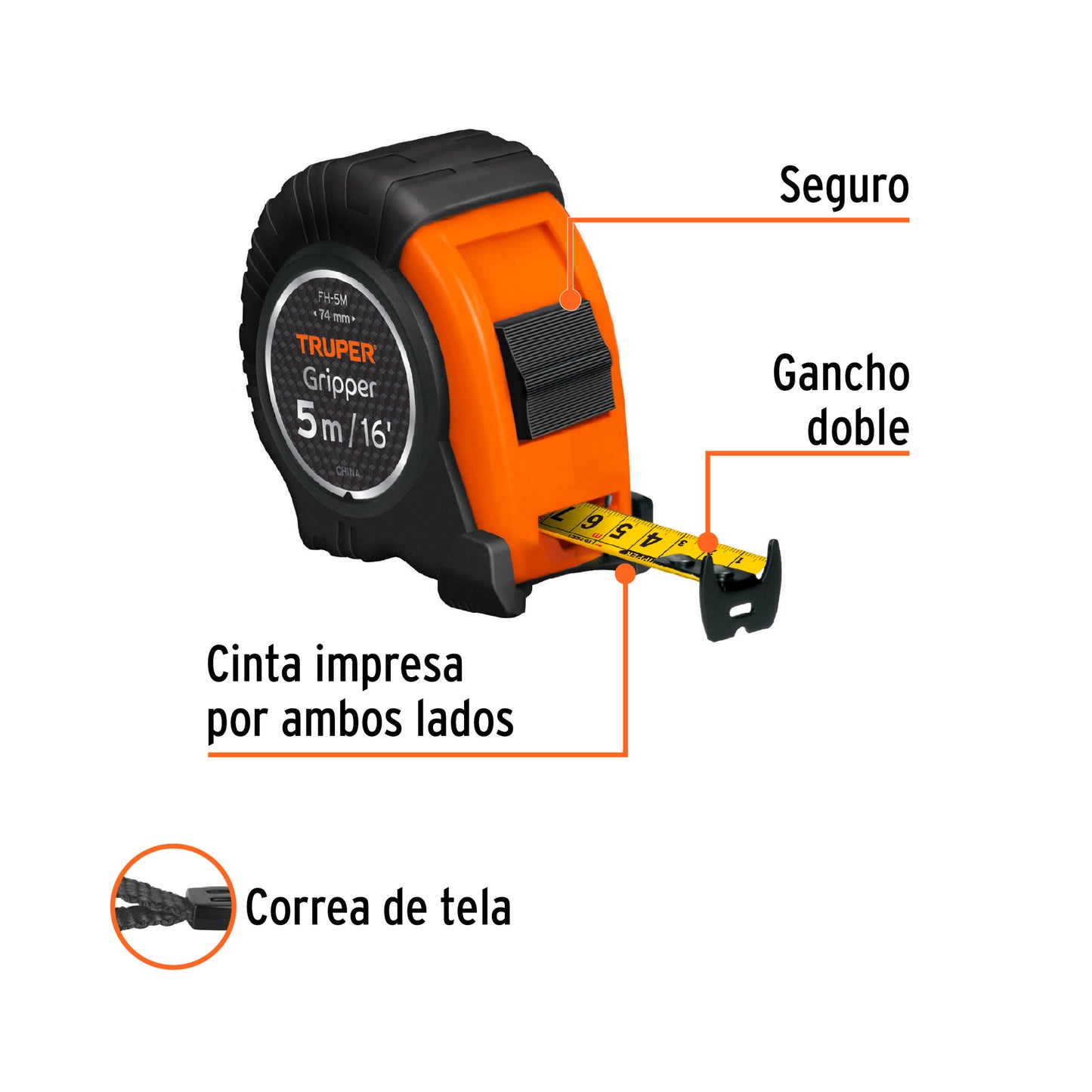 Wincha - Flexómetro Gripper Truper Cod 14578 FH-5M contra impactos 5 m cinta 19 mm