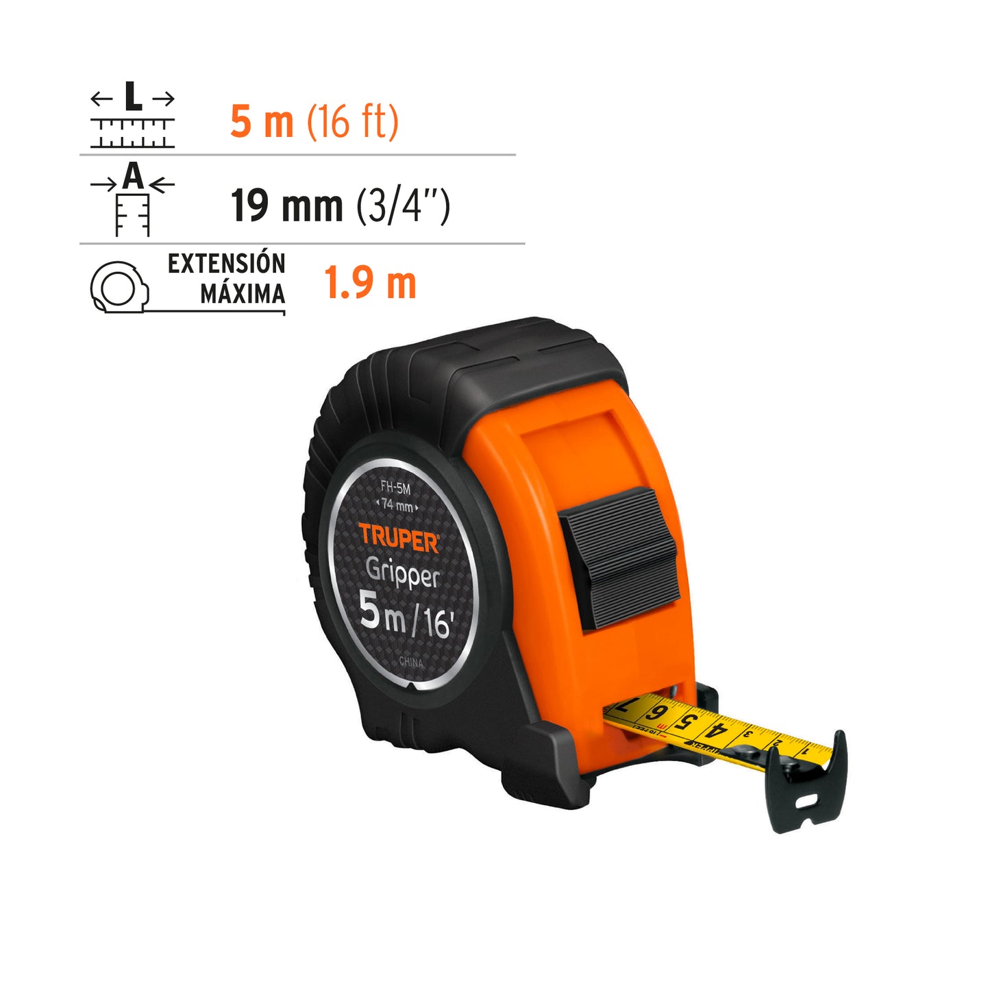 Wincha - Flexómetro Gripper Truper Cod 14578 FH-5M contra impactos 5 m cinta 19 mm