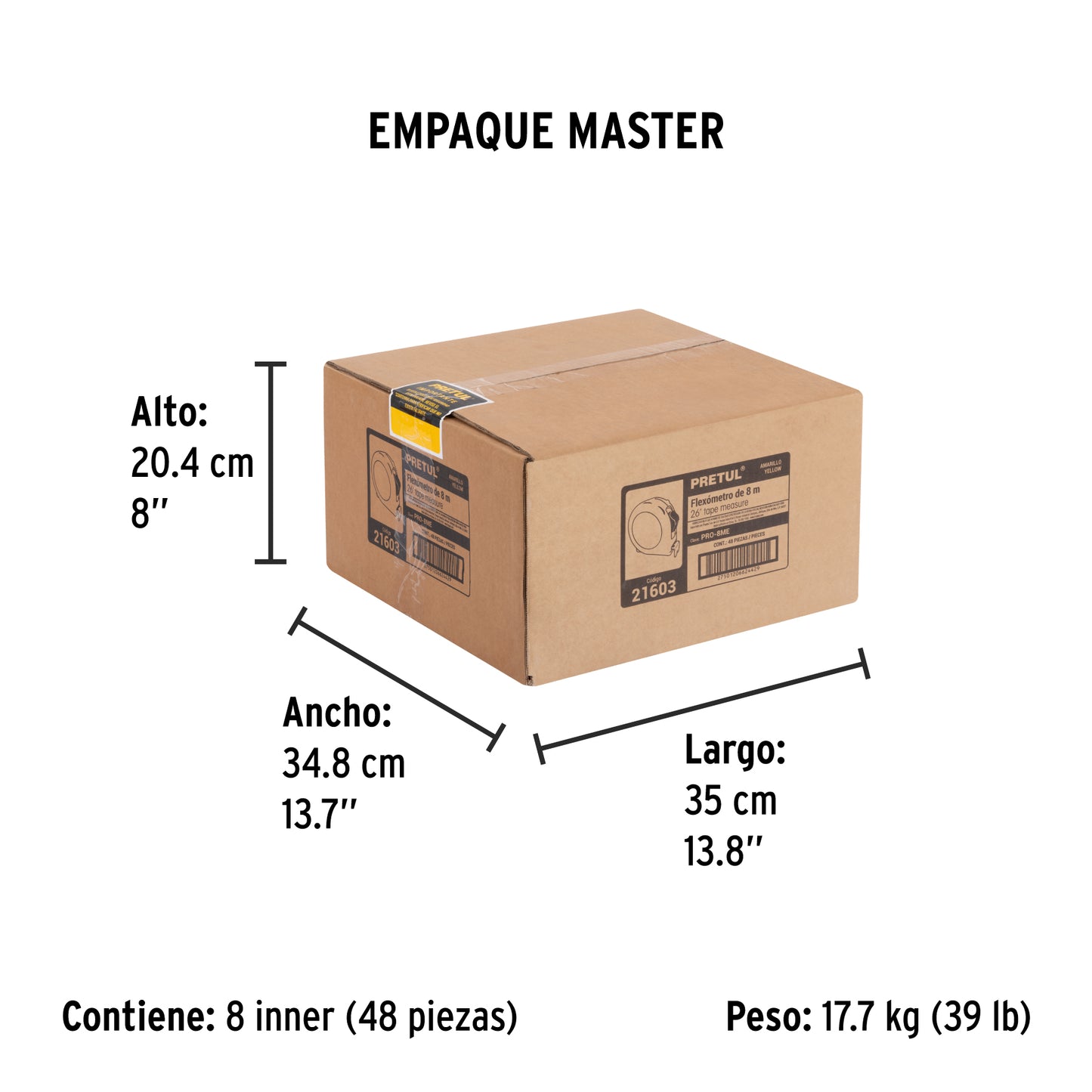 Wincha - Flexómetro amarillo Pretul Cod 21603 PRO-8ME 8 m cinta 25 mm en tarjeta