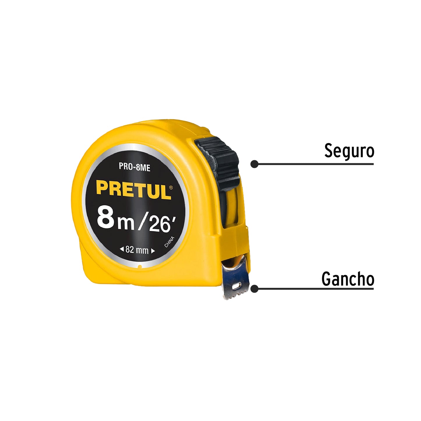 Wincha - Flexómetro amarillo Pretul Cod 21603 PRO-8ME 8 m cinta 25 mm en tarjeta