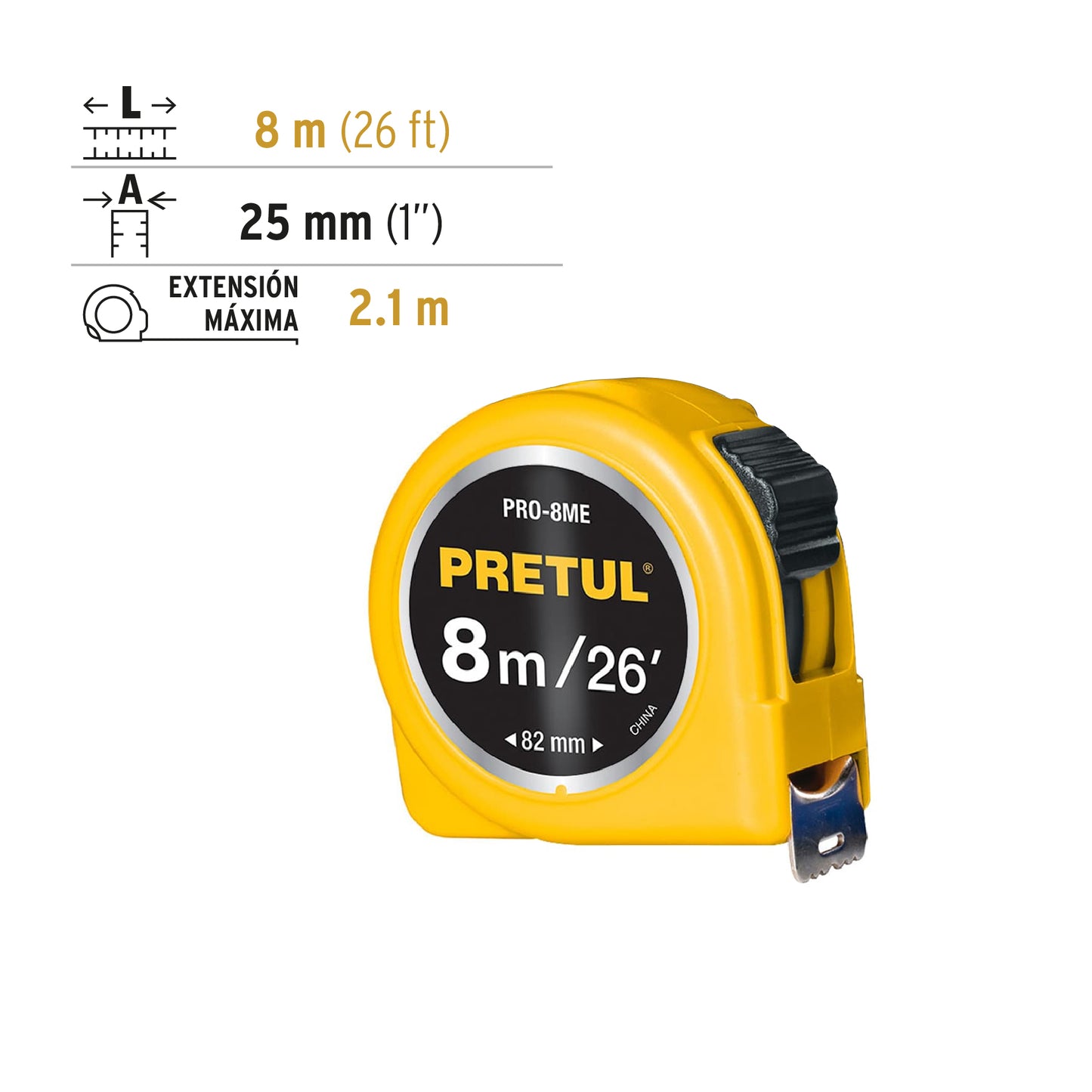 Wincha - Flexómetro amarillo Pretul Cod 21603 PRO-8ME 8 m cinta 25 mm en tarjeta