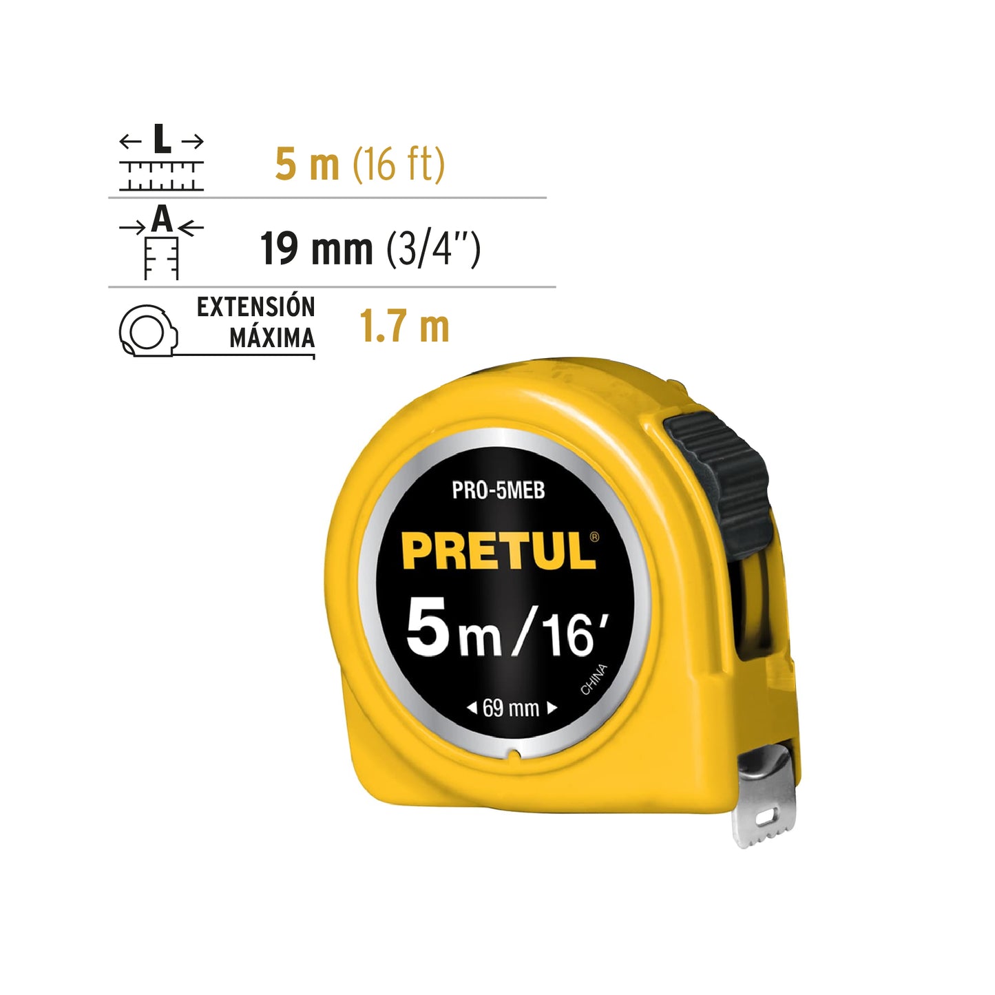 Wincha - Flexómetro amarillo Pretul Cod 21606 PRO-5MEB 5 m cinta 19 mm en tarjeta