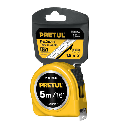 Wincha - Flexómetro amarillo Pretul Cod 21606 PRO-5MEB 5 m cinta 19 mm en tarjeta