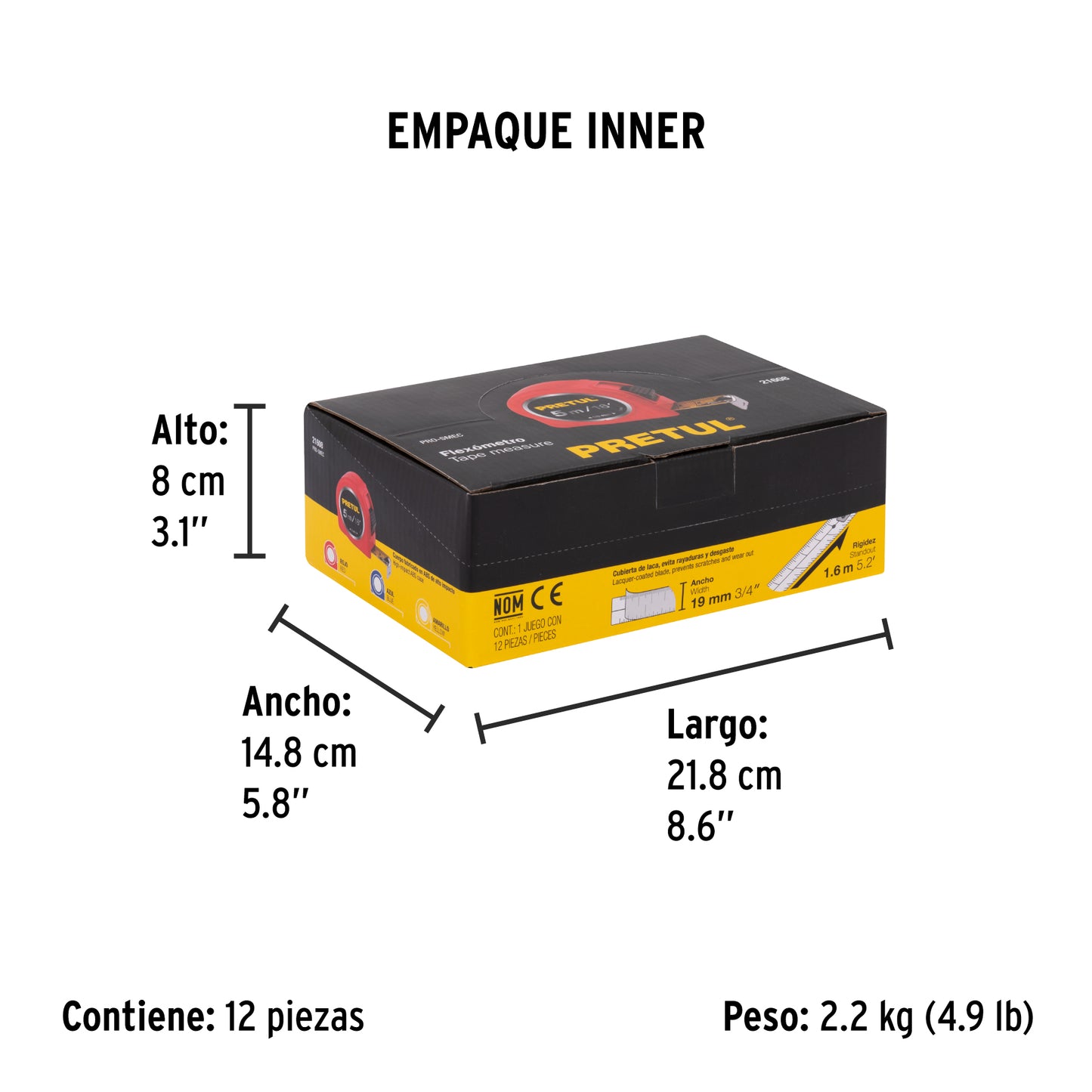 Winchas - Flexómetro 5m cinta 19mm Pretul Cod 21608 PRO-5MEC display box con 12 pzas, precio por unidad