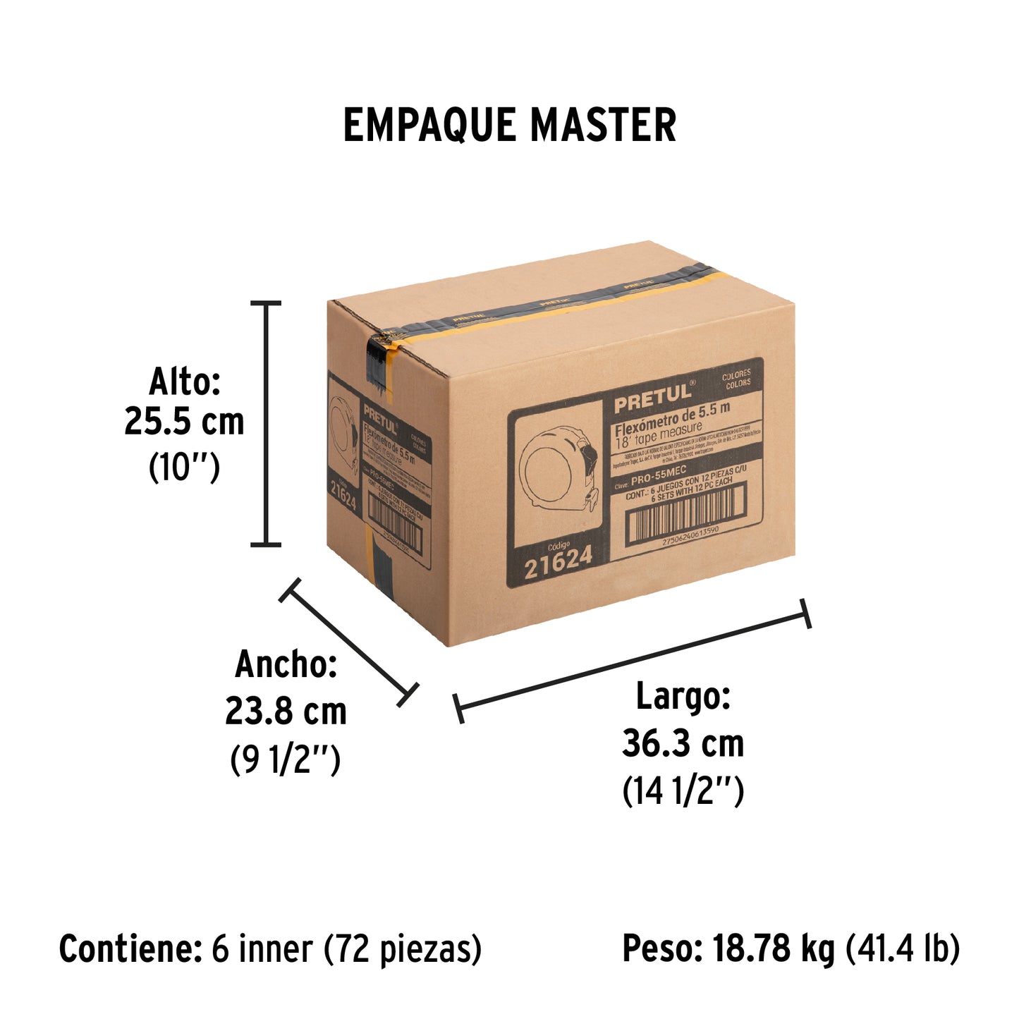 Winchas - Flexómetro 5.5m cinta 25mm Pretul Cod 21624 PRO-55MEC display box con 12 pzas, precio por unidad