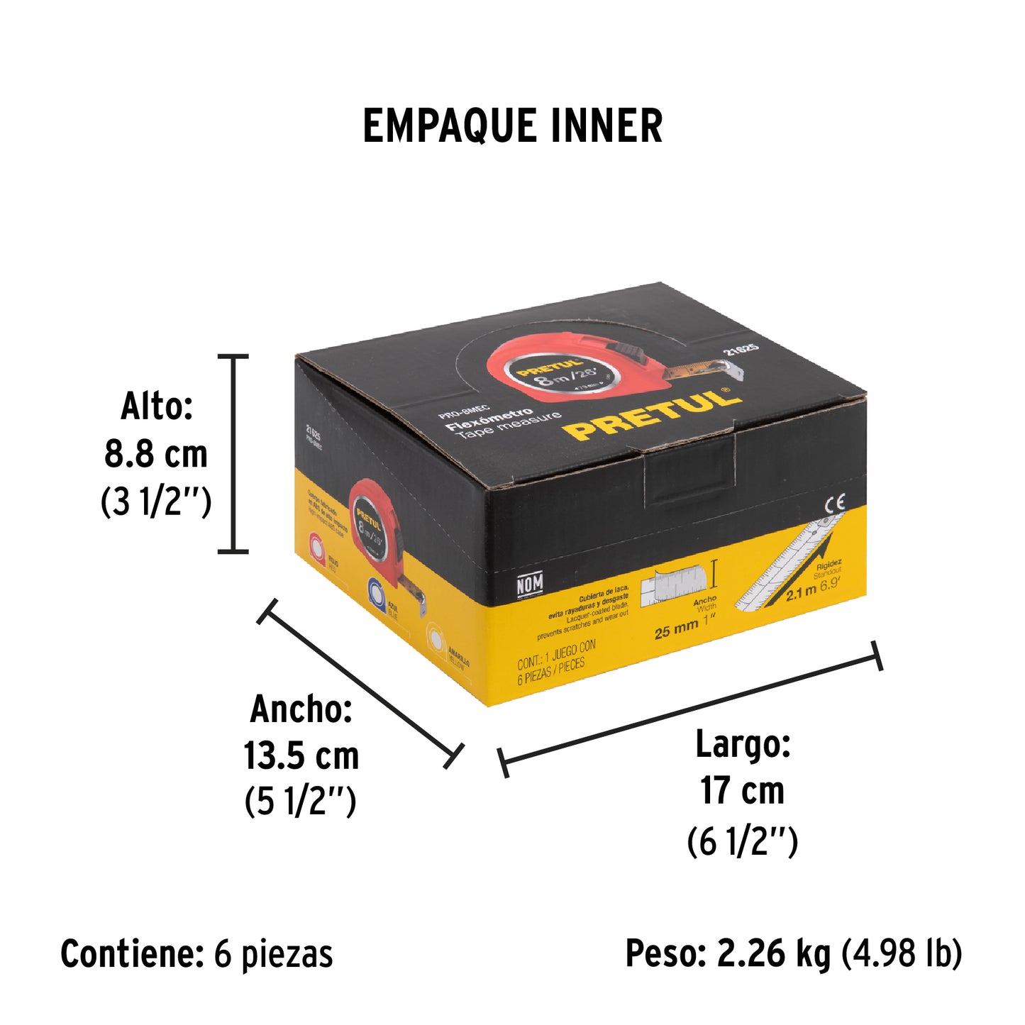 Winchas - Flexómetro 8m cinta 25mm Pretul Cod 21625 PRO-8MEC display box con 6 pzas, precio por unidad