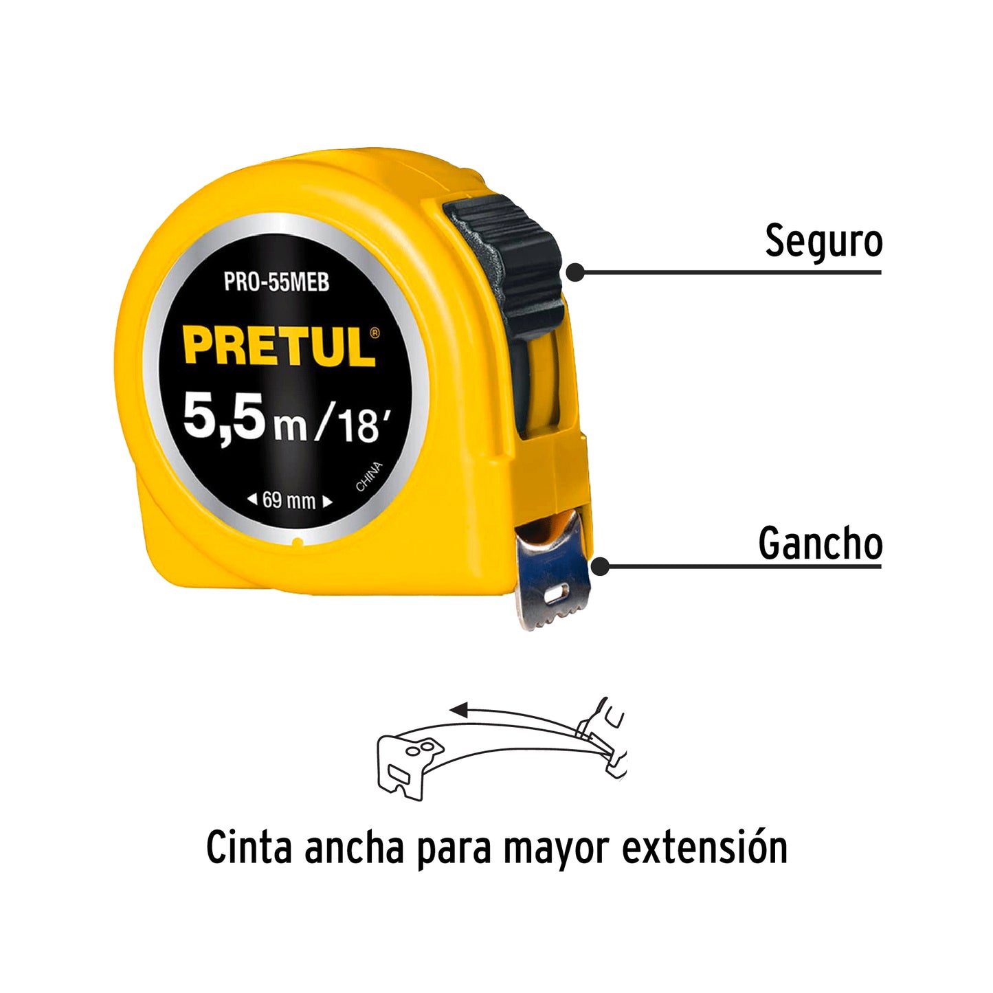 Wincha - Flexómetro amarillo Pretul Cod 28022 PRO-55MEB 5.5 m cinta 25 mm en tarjeta