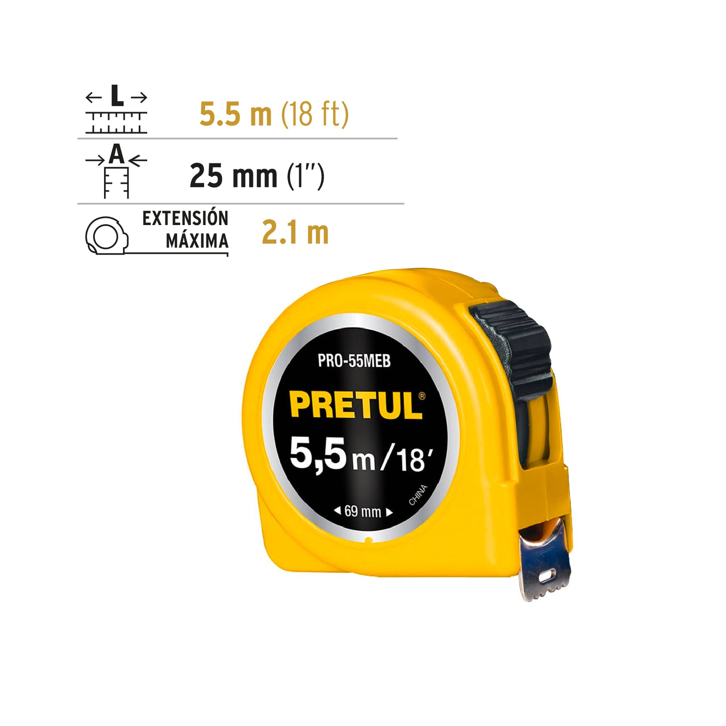 Wincha - Flexómetro amarillo Pretul Cod 28022 PRO-55MEB 5.5 m cinta 25 mm en tarjeta