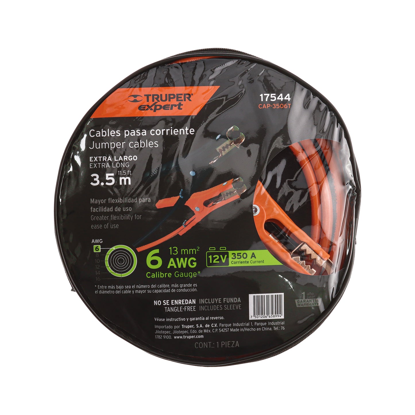 Cables pasa corriente 3.5 m Truper Cod 17544 CAP-3506T 350 A 6 AWG con funda