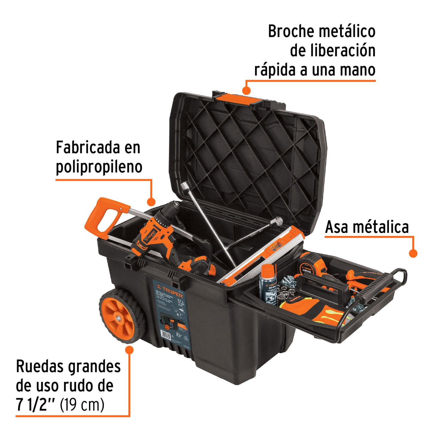 Caja de herramientas Truper Cod 10902 CHP-23R de 23" con rueda y mango telescópico