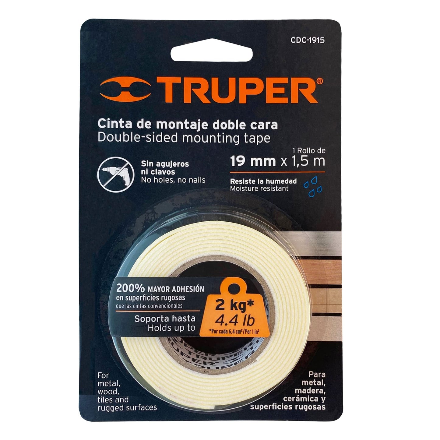 Cinta doble cara Truper Cod 11724 CDC-1915 de 19 mm x 1.5 m