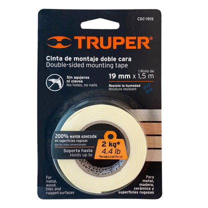 Cinta doble cara Truper Cod 11724 CDC-1915 de 19 mm x 1.5 m