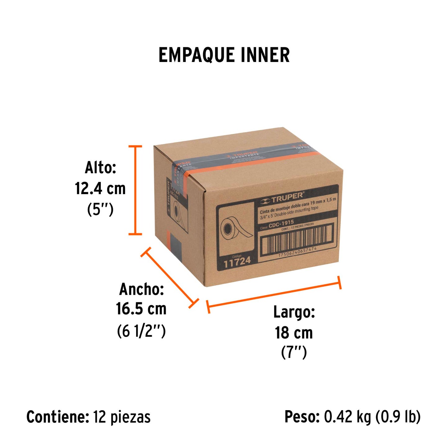 Cinta doble cara Truper Cod 11724 CDC-1915 de 19 mm x 1.5 m