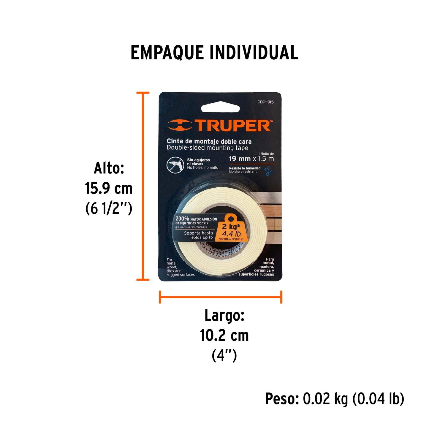 Cinta doble cara Truper Cod 11724 CDC-1915 de 19 mm x 1.5 m
