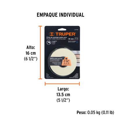 Cinta doble cara Truper Cod 11725 CDC-1950 de 19 mm x 5 m