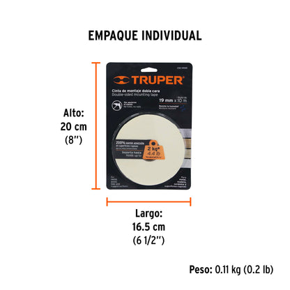 Cinta doble cara Truper Cod 11726 CDC-19100 de 19 mm x 10 m