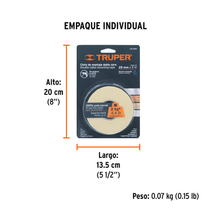 Cinta doble cara Truper Cod 11727 CDC-2550 de 25 mm x 5 m