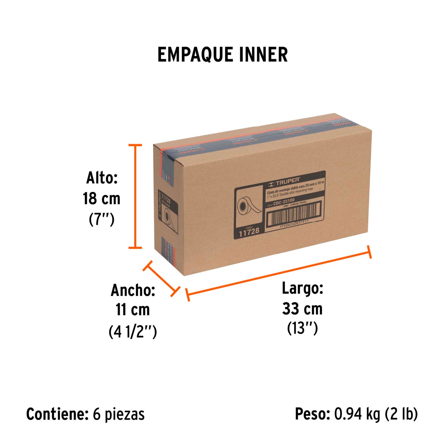 Cinta doble cara Truper Cod 11728 CDC-25100 de 25 mm x 10 m