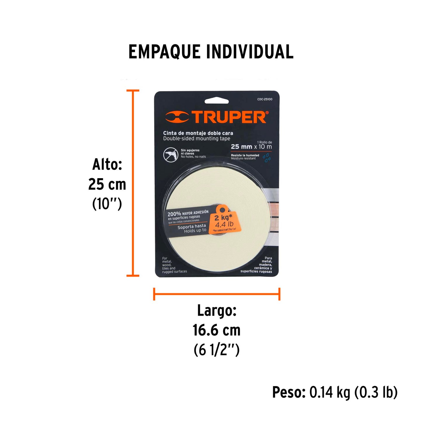 Cinta doble cara Truper Cod 11728 CDC-25100 de 25 mm x 10 m
