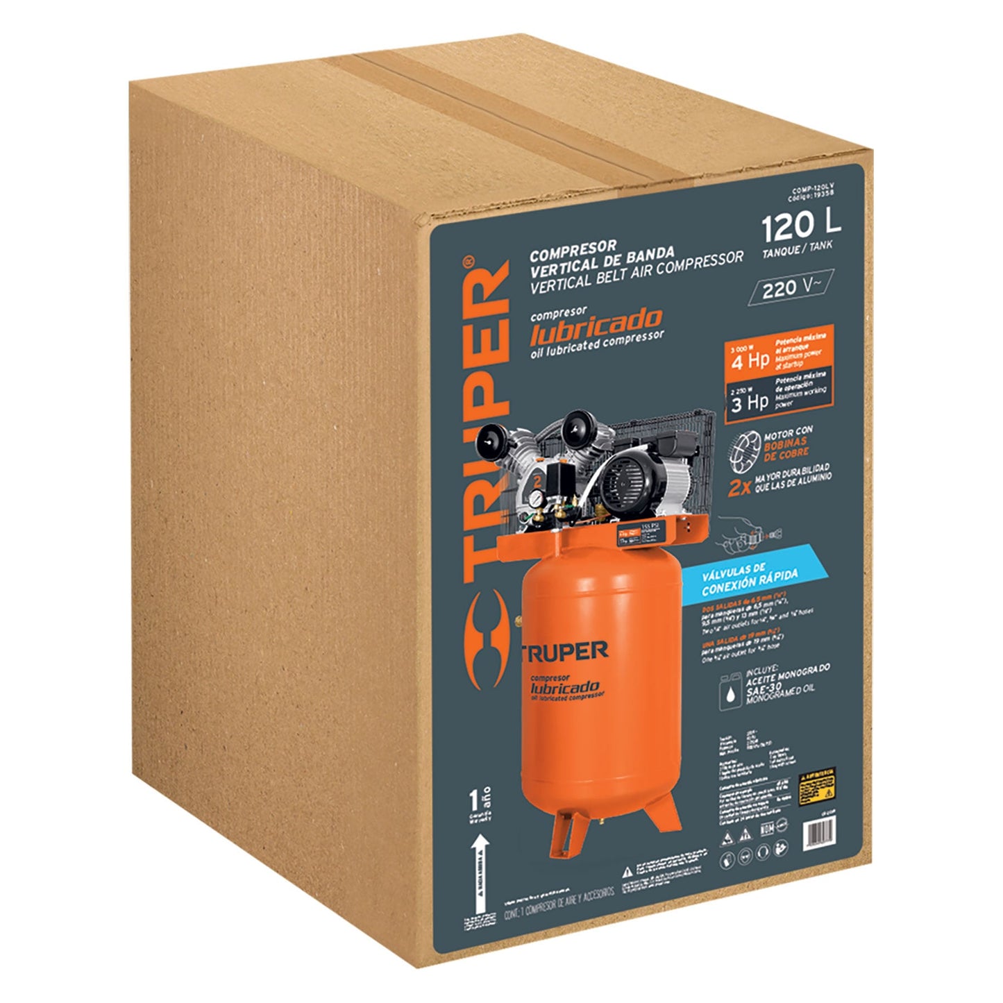 Compresor de Aire 120 L Truper Cod 19358 COMP-120LV 4HP vert 220V