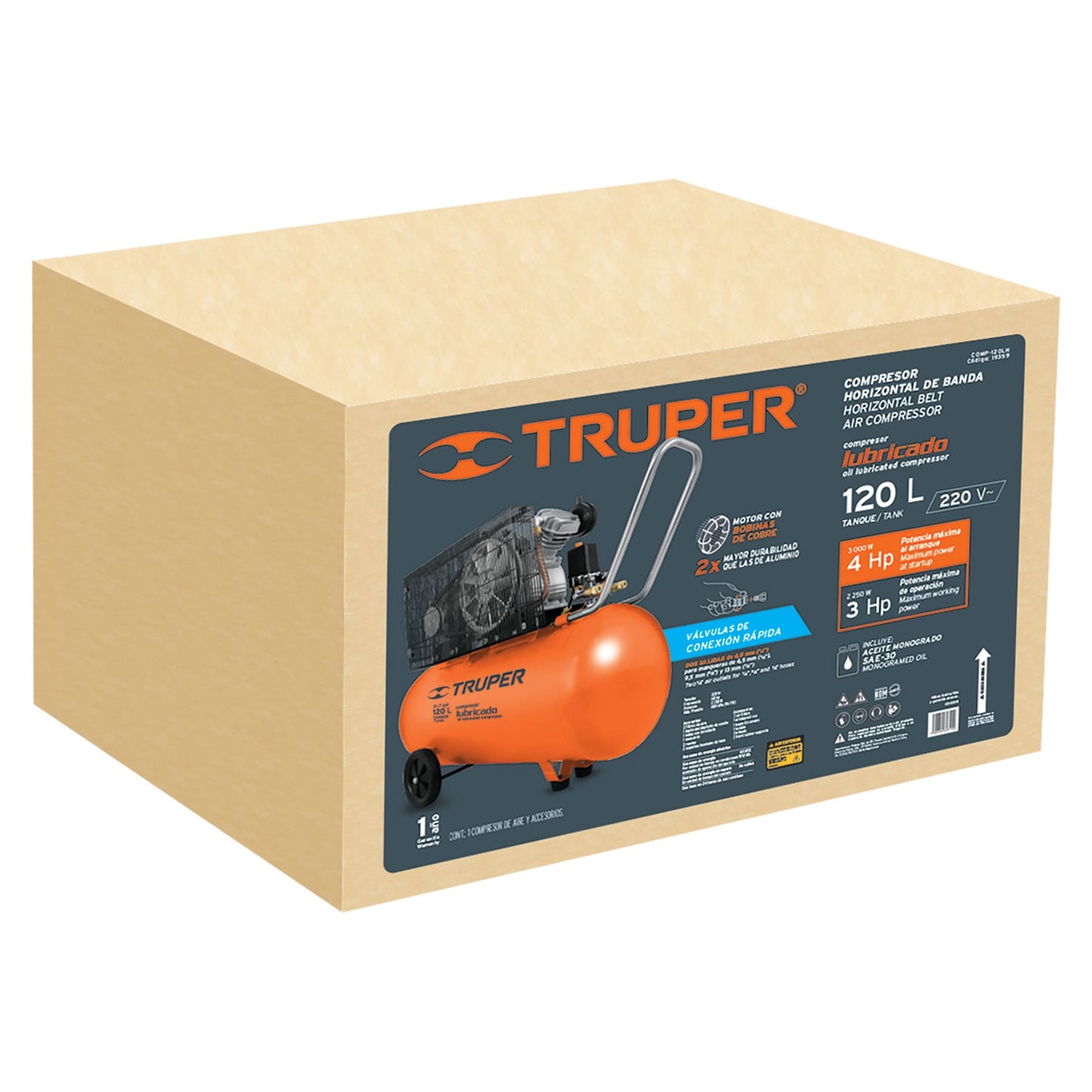 Compresor de Aire Truper Cod 19359 COMP-120LH 120L 4HP hor 220V
