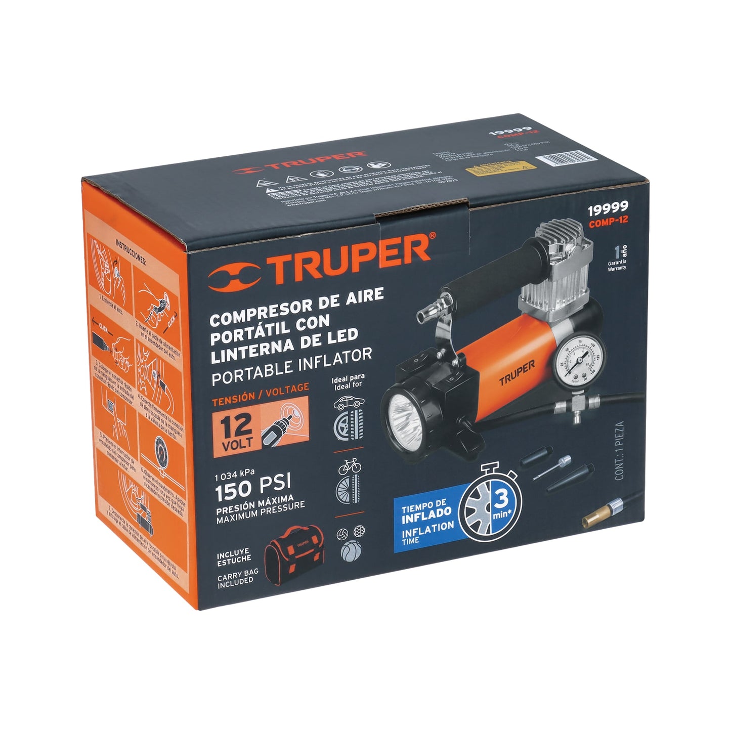 Compresor de aire 12V Truper Cod 19999 COMP-12 para auto incluye maletín