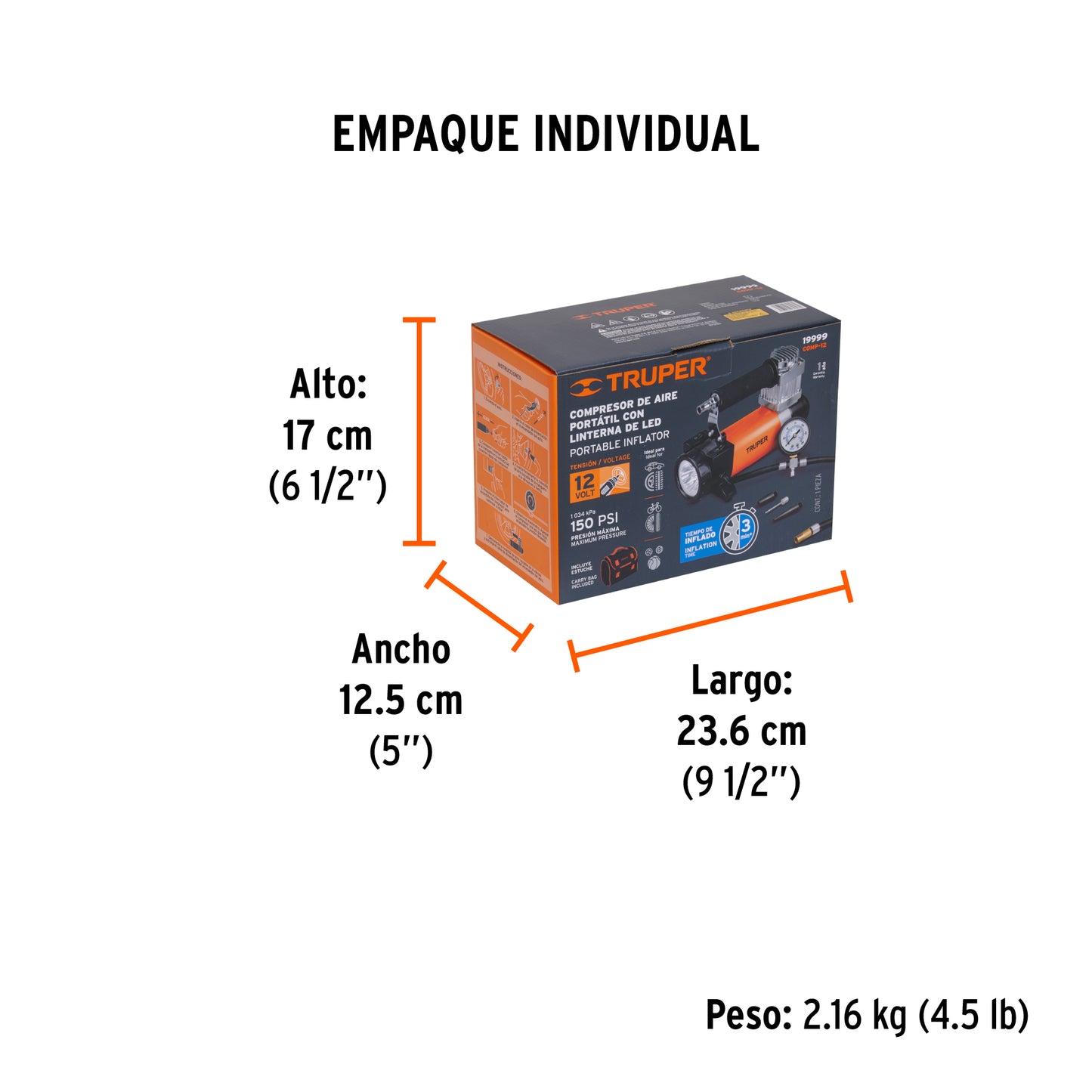 Compresor de aire 12V Truper Cod 19999 COMP-12 para auto incluye maletín